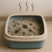 A blue and beige litter box filled with clumped cat litter sits on a tiled floor; three graphic wavy lines rise from the litter, indicating an unpleasant odor—something even a General Contractor wouldn’t want on a construction site.