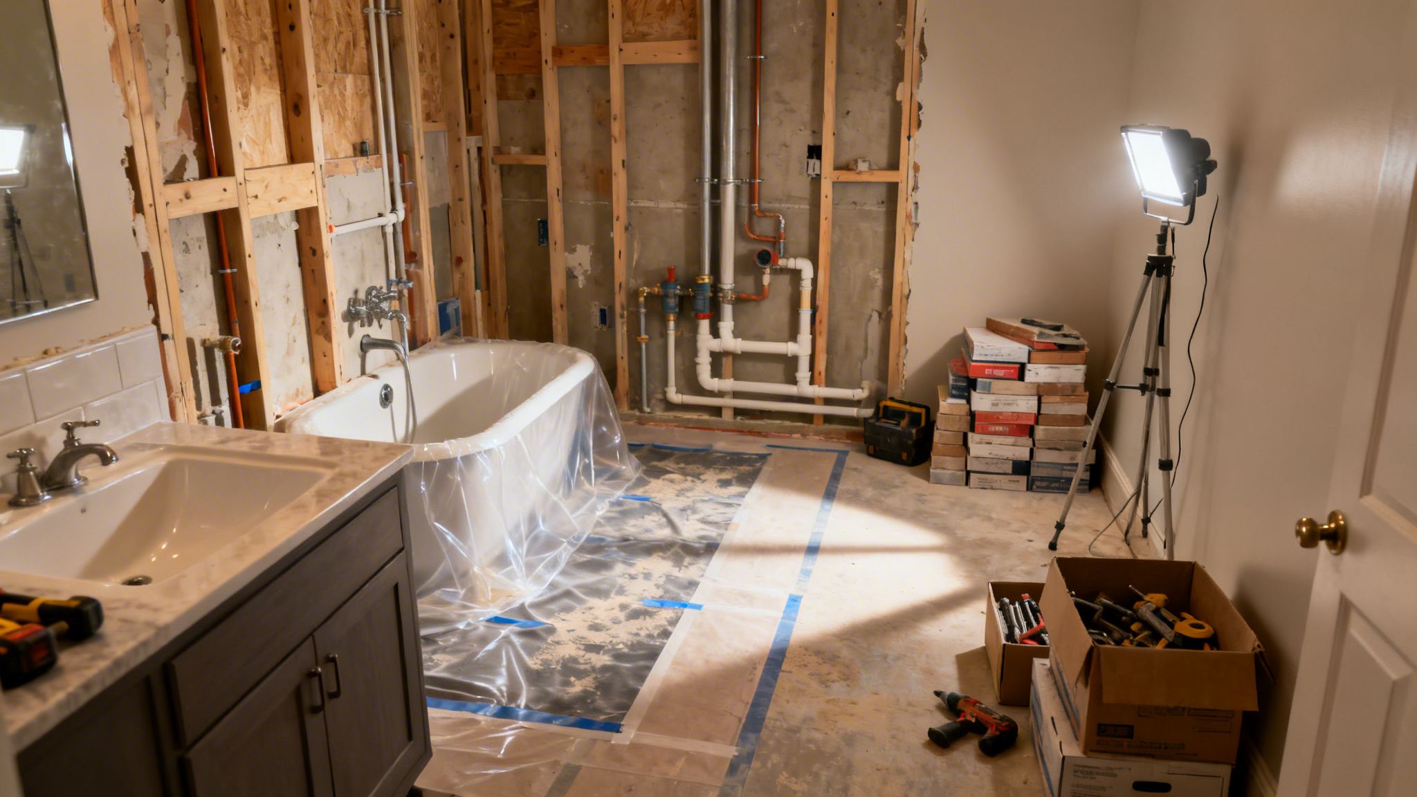 A bathroom undergoing renovation with exposed wall studs, plumbing, a bathtub, vanity, and tools.