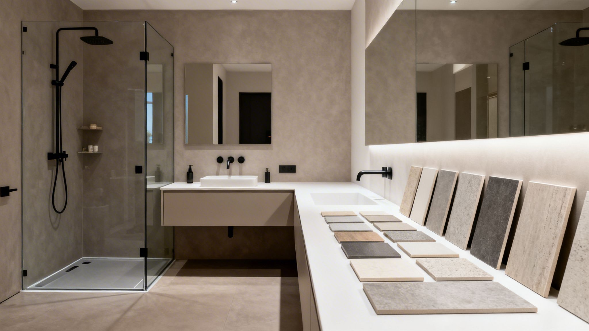 A modern bathroom showroom featuring a walk-in shower, vanity, and a display of tile samples.
