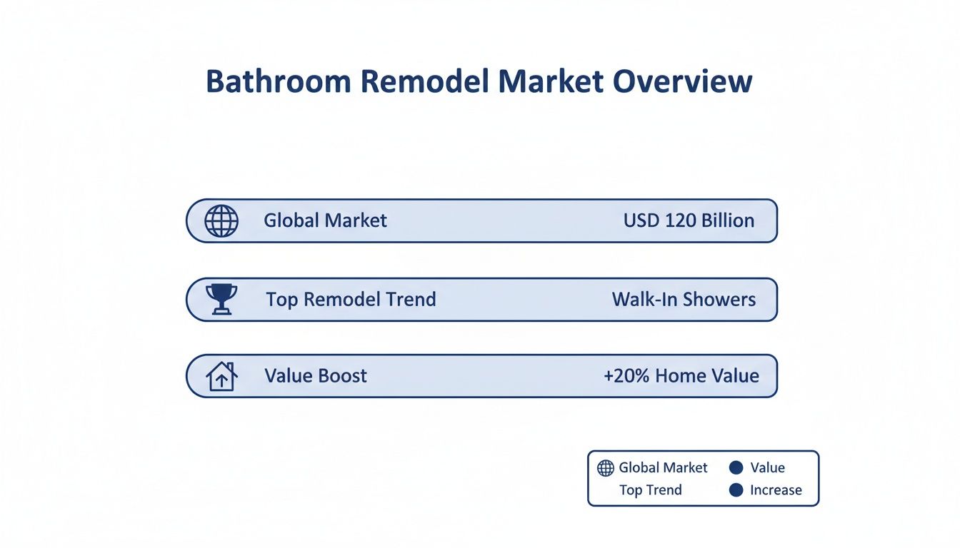 An infographic summarizing the bathroom remodel market, including global value, top trend, and home value increase.