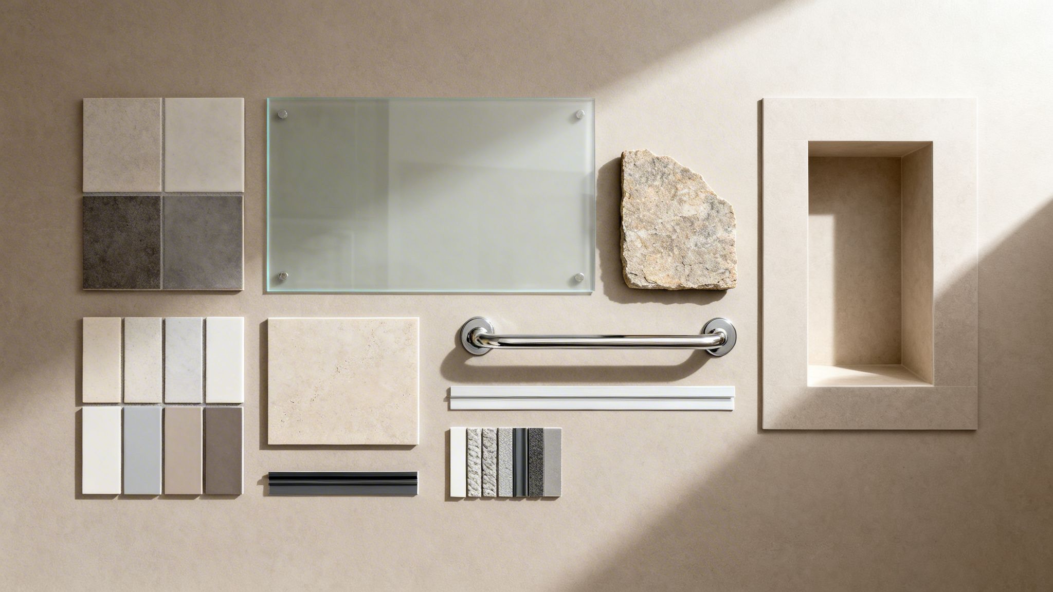 A flat lay of various bathroom design elements including tiles, glass, stone, a grab bar, and a shower niche.