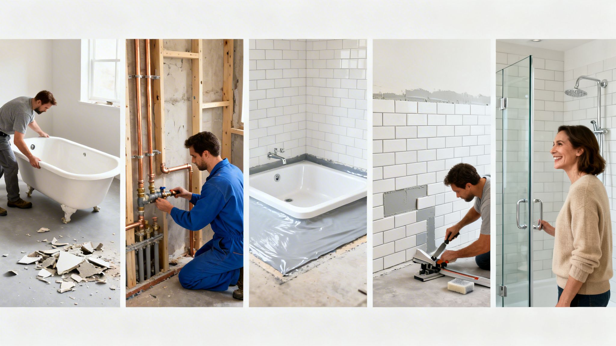 A multi-panel image illustrating the stages of a bathroom renovation, from installation to completion.