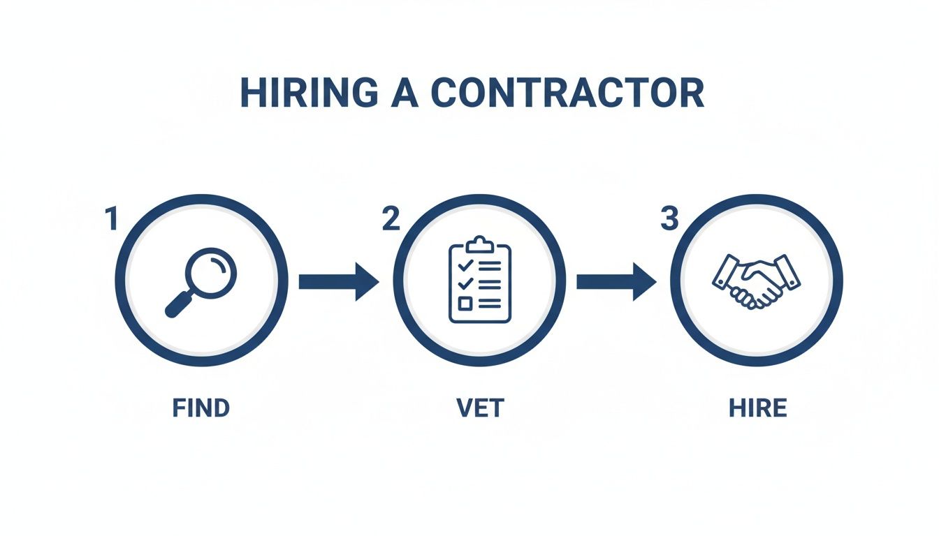 Three-step process diagram illustrating how to hire a contractor: find, vet, and hire.