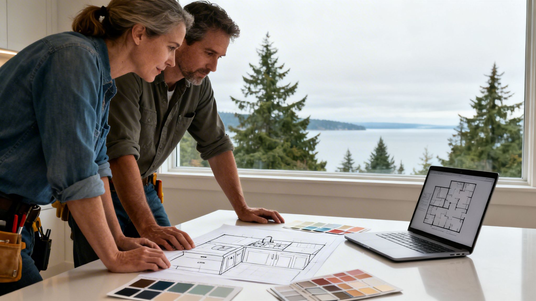 A couple reviews kitchen design blueprints and color swatches on a table by a window.
