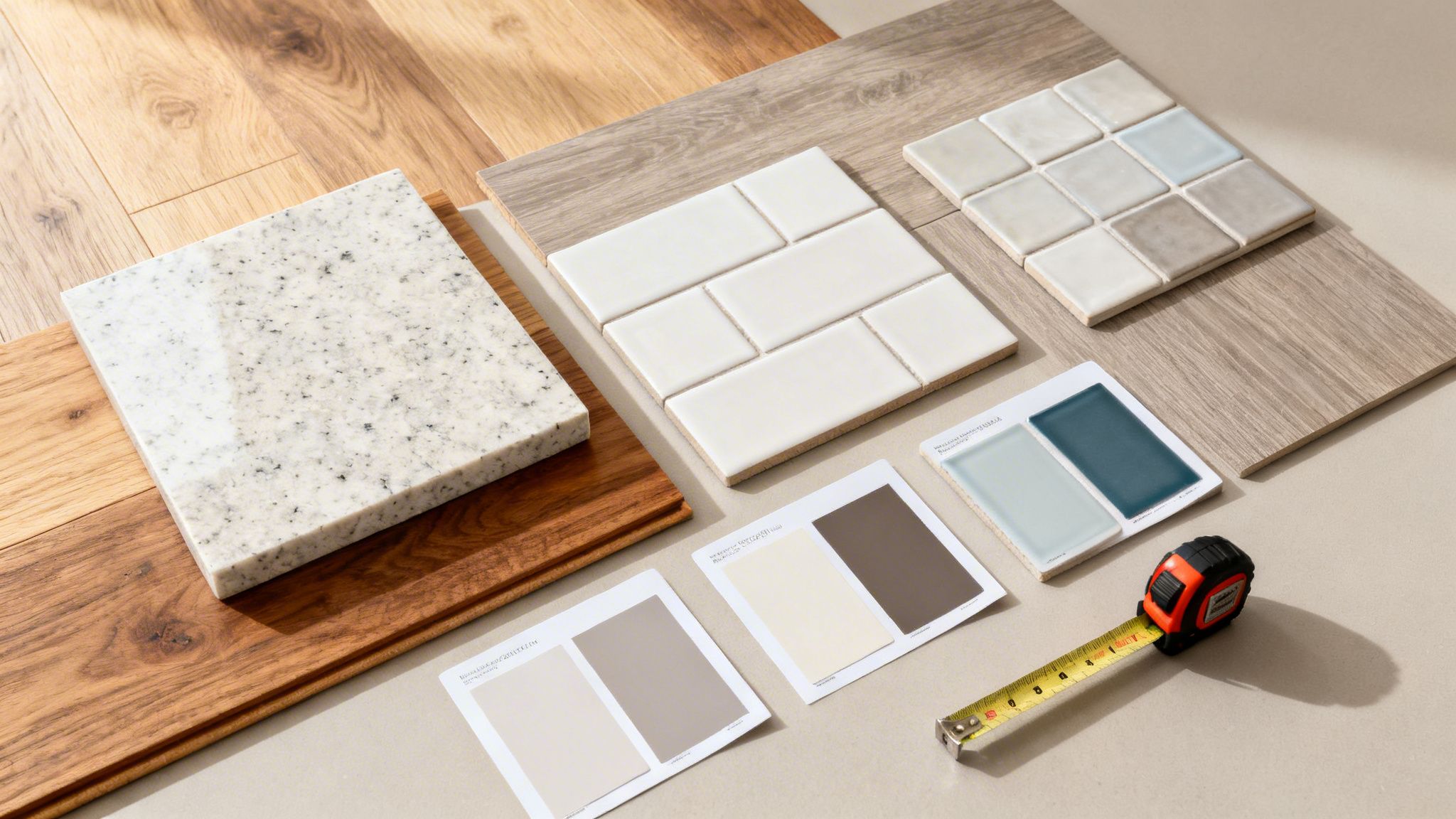 A collection of home renovation samples including granite, wood flooring, various tiles, paint swatches, and a measuring tape on a table.