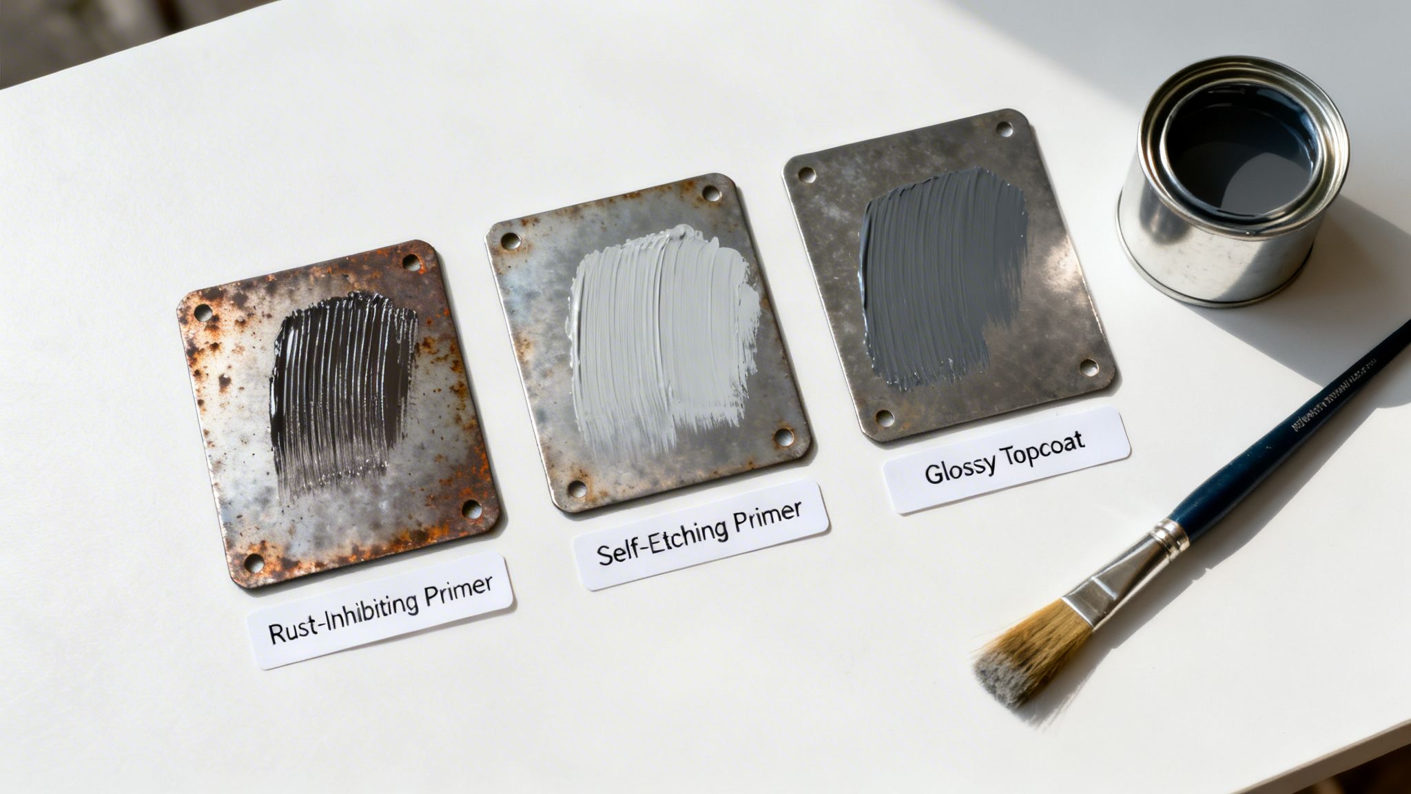 Three metal plates display rust-inhibiting primer, self-etching primer, and a glossy topcoat with paint can and brush.