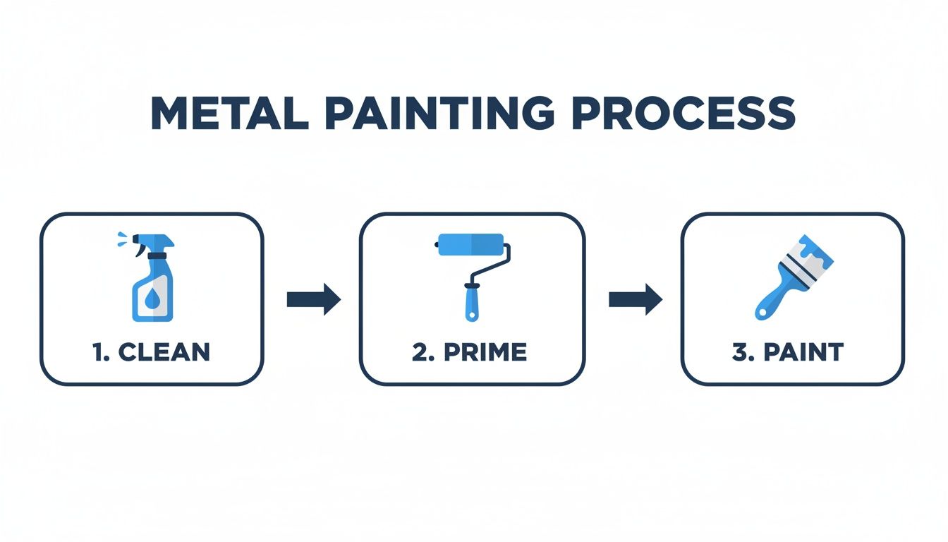 A diagram illustrating the three-step metal painting process: clean, prime, and paint.