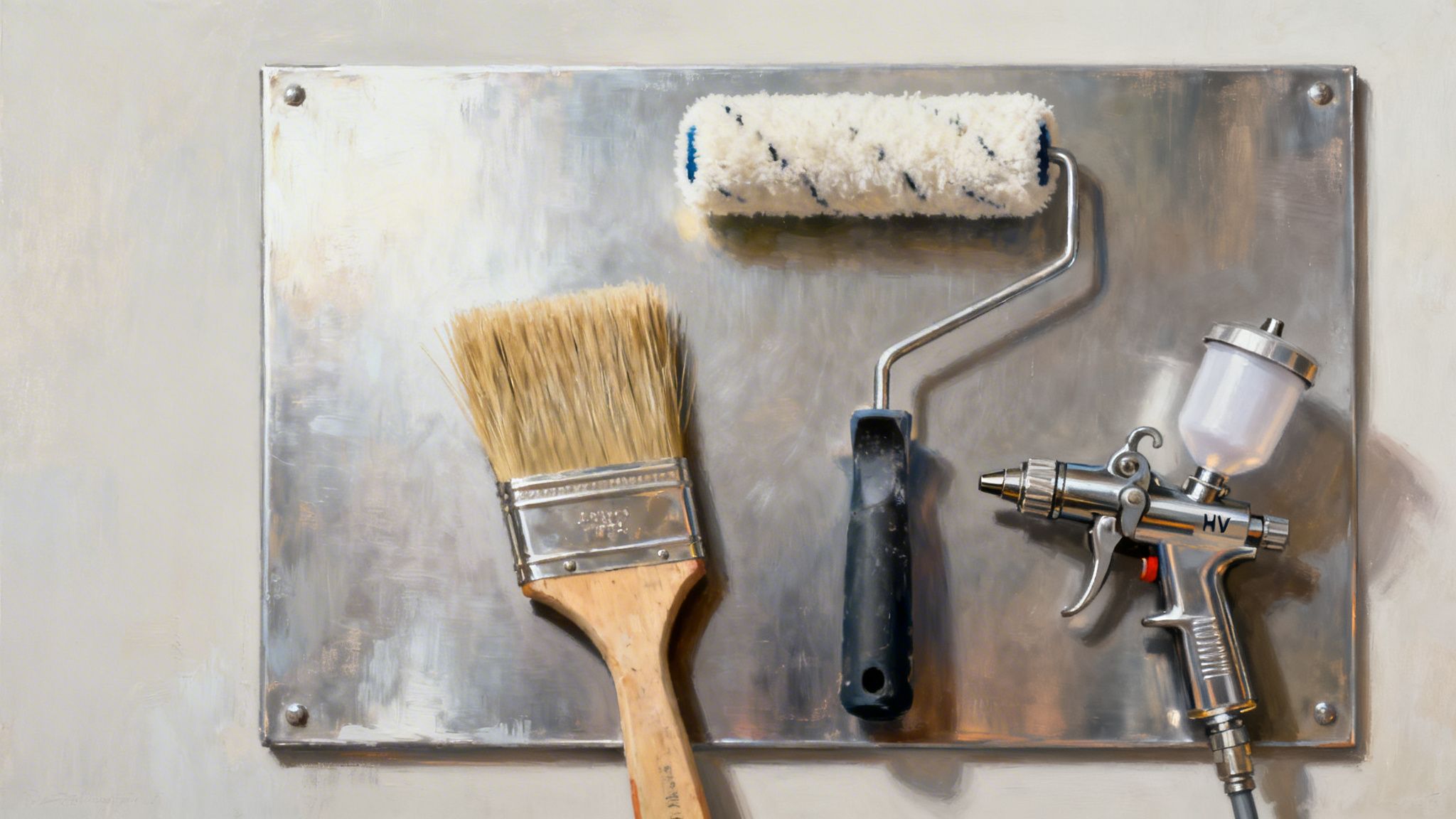 A paint brush, paint roller, and spray gun displayed on a brushed metal sheet.