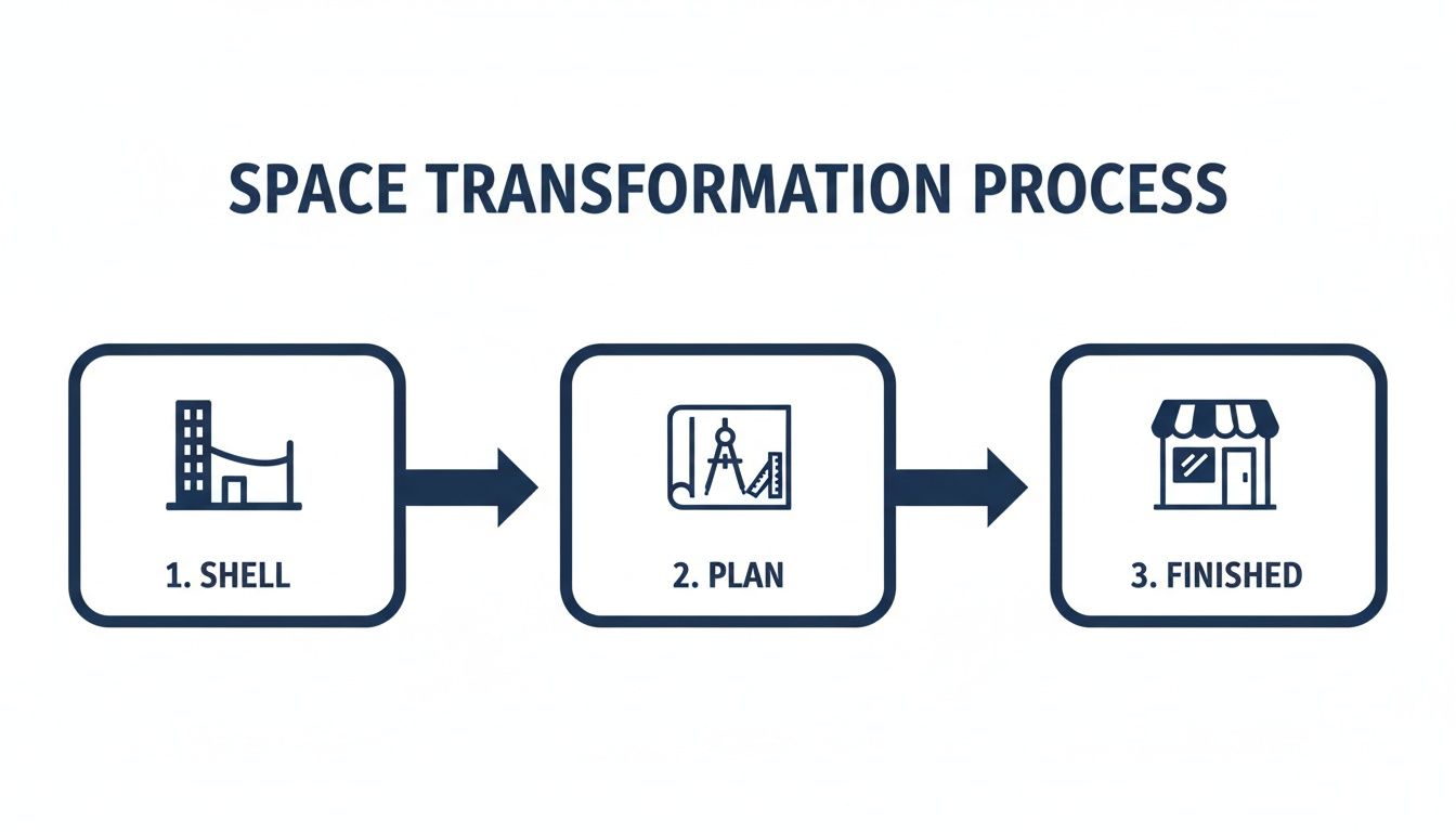 A three-step diagram illustrating the space transformation process for commercial build-outs, from shell to finished.