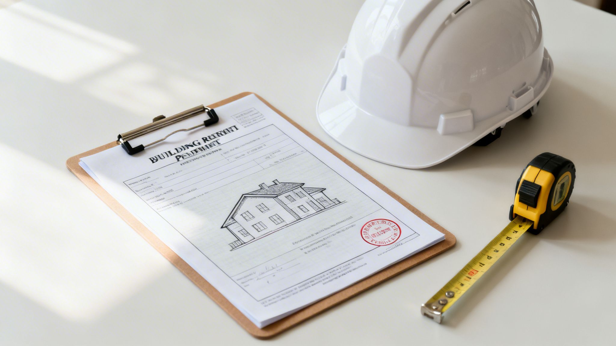 A building permit document on a clipboard, hard hat, and measuring tape on a white table.