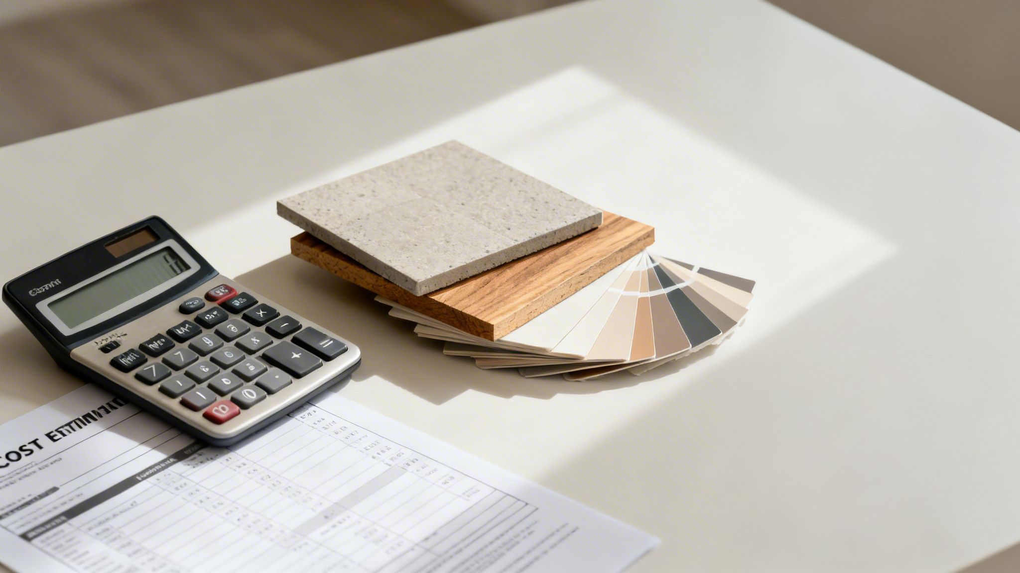 Calculator, material samples, and color swatches with a cost estimation document for project planning.
