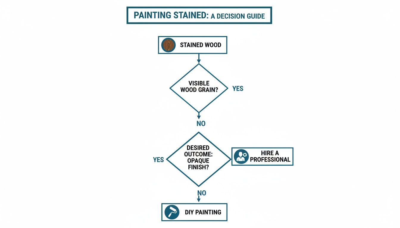 Flowchart guiding users on painting stained wood, based on visible grain and desired opaque finish.