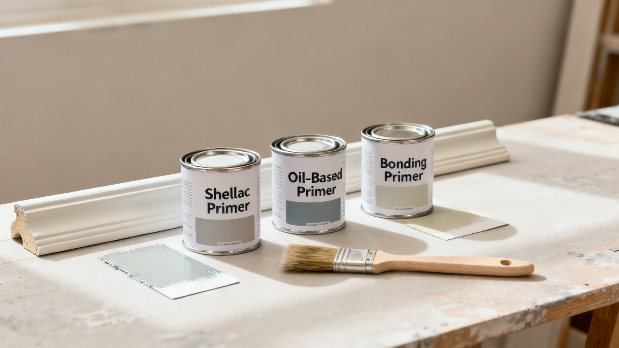 Three paint primer cans (shellac, oil-based, bonding), a brush, and molding on a workbench.