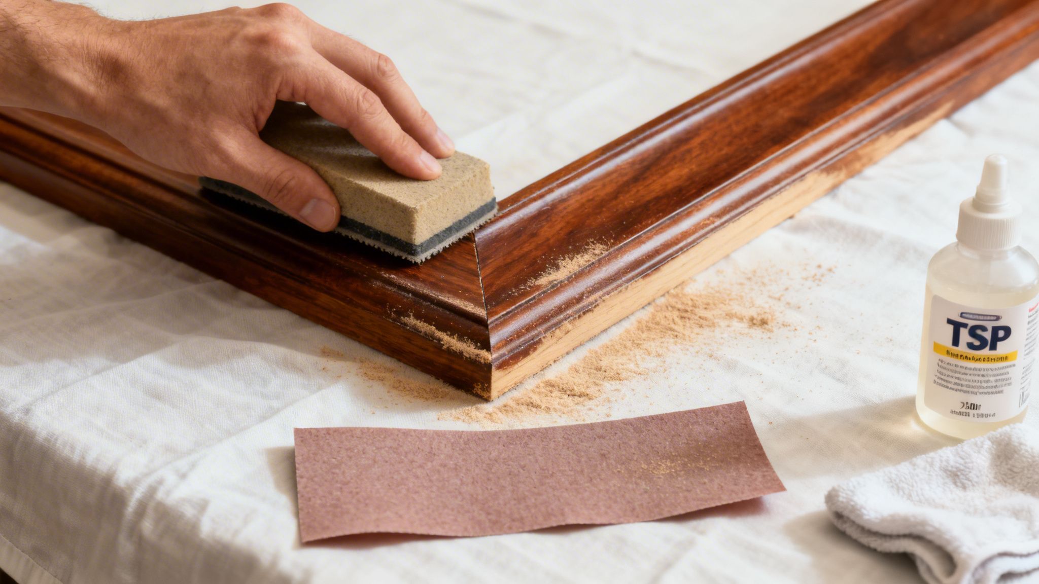 A hand sands a stained wooden frame, revealing raw wood, creating sanding dust.
