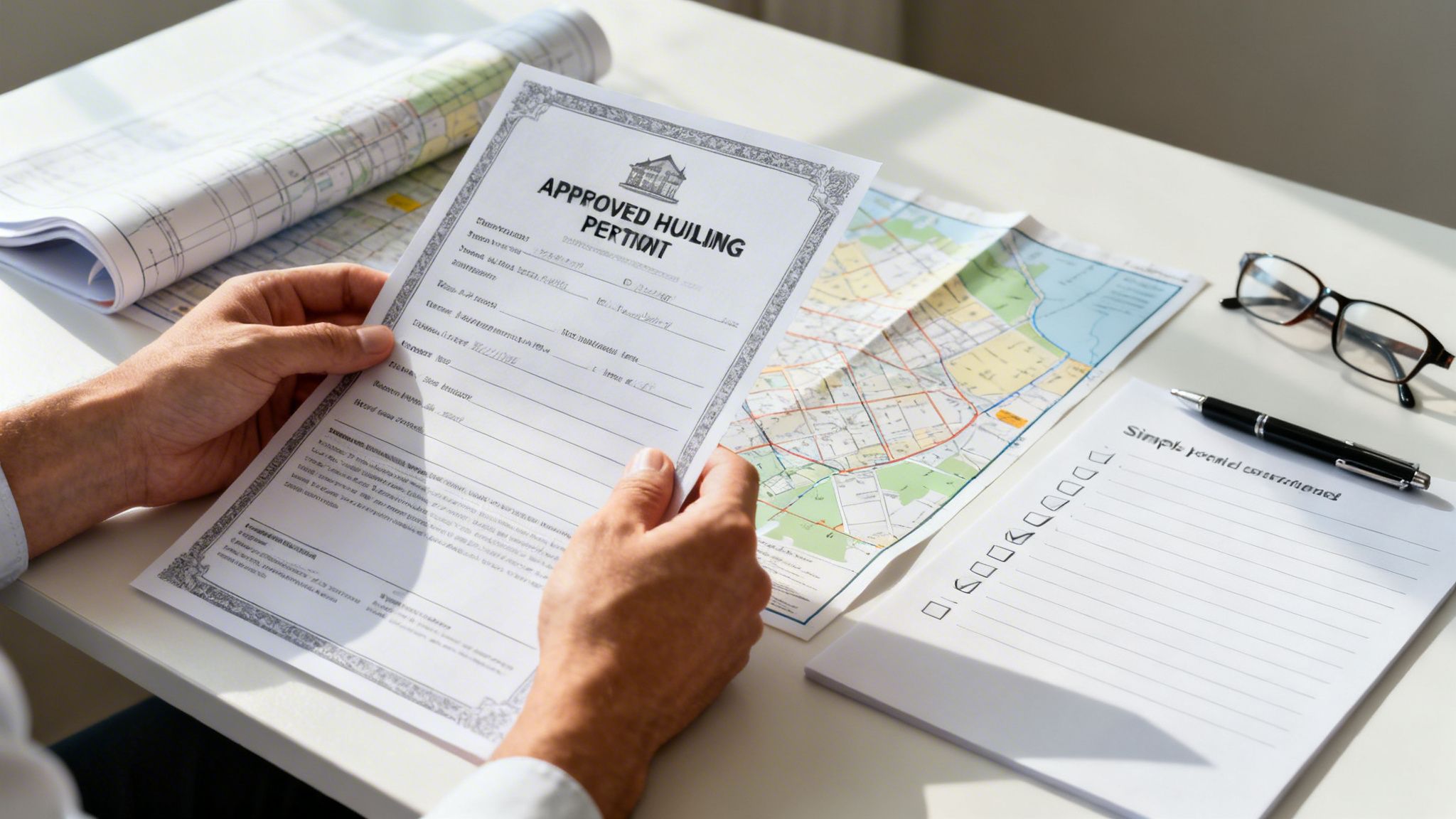 Hands holding an approved building permit document on a desk with a map, checklist, pen, and glasses.