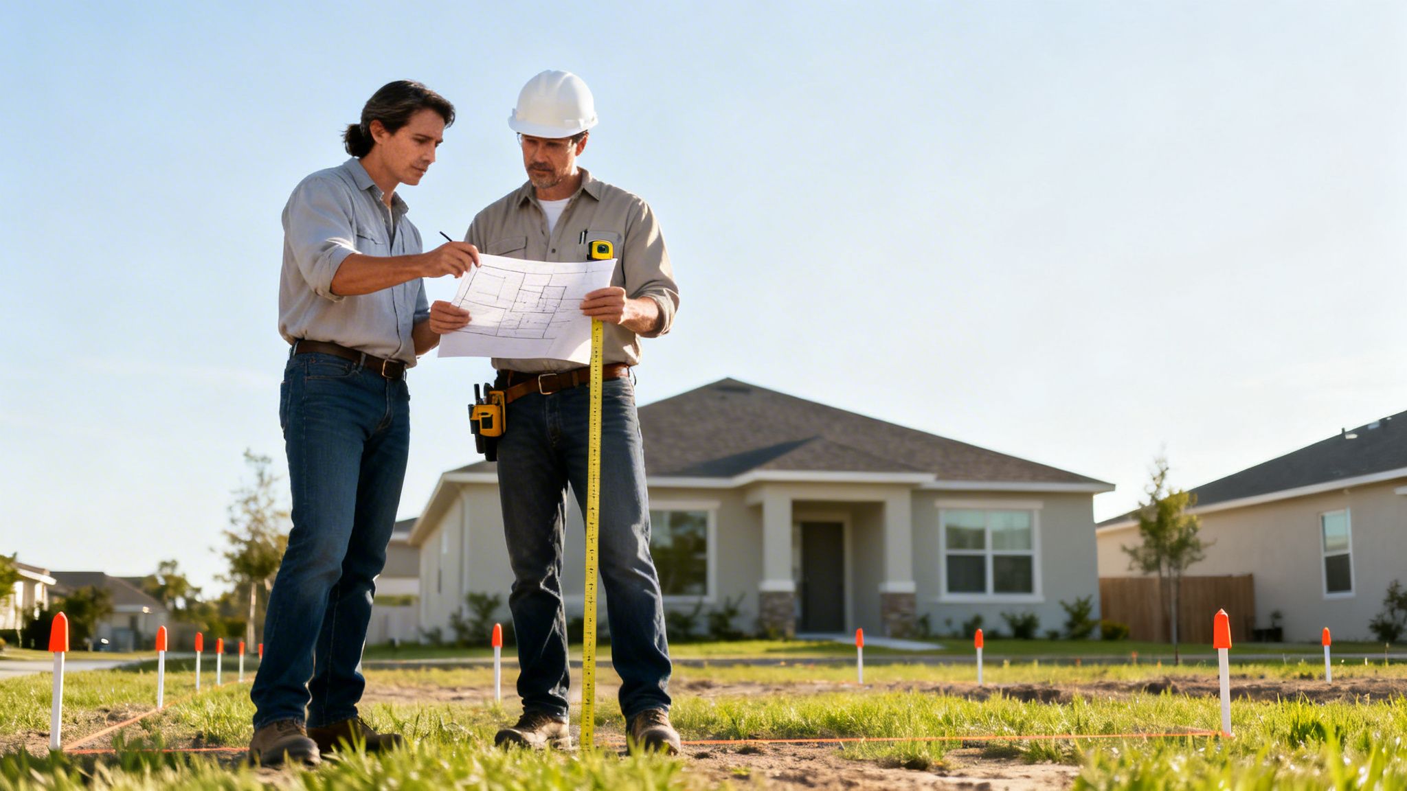 Two construction professionals review blueprints and plans on a marked residential building site with houses nearby.