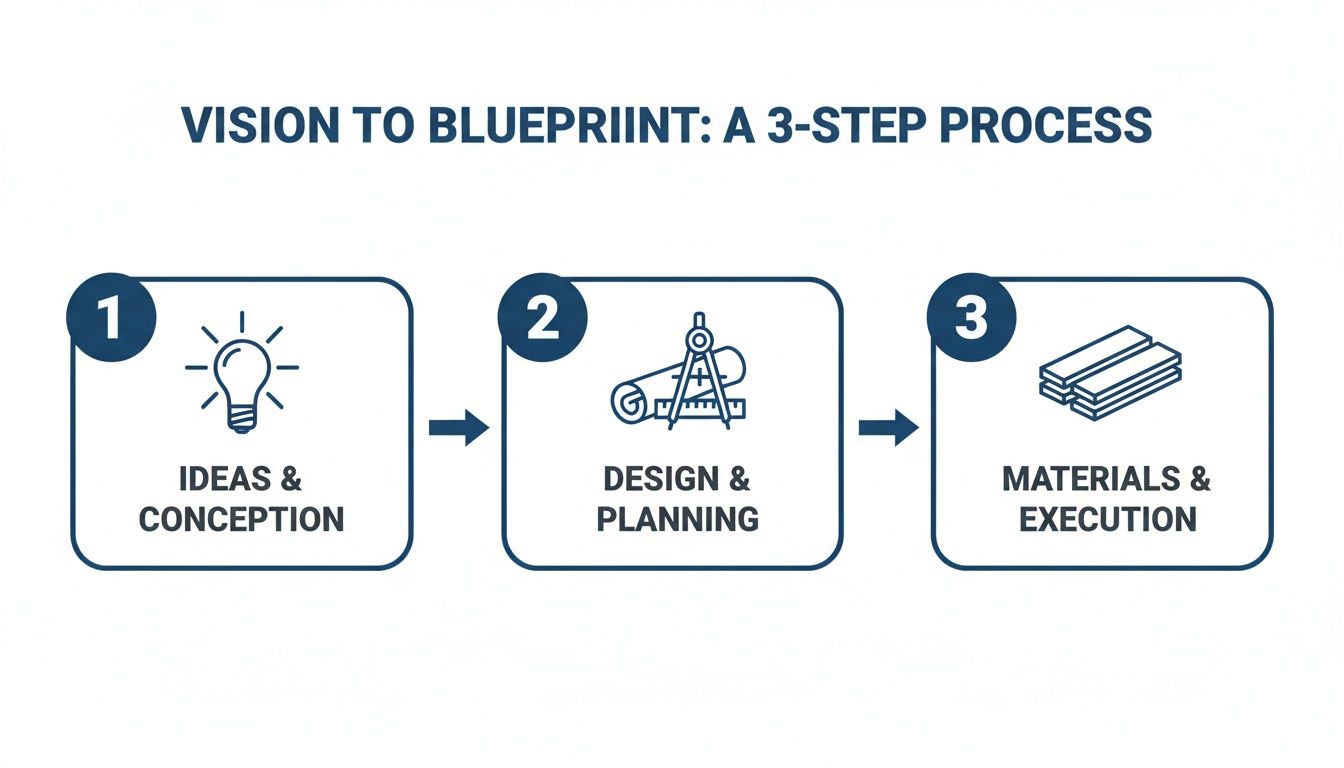 A 3-step process showing ideas & conception, design & planning, and materials & execution.