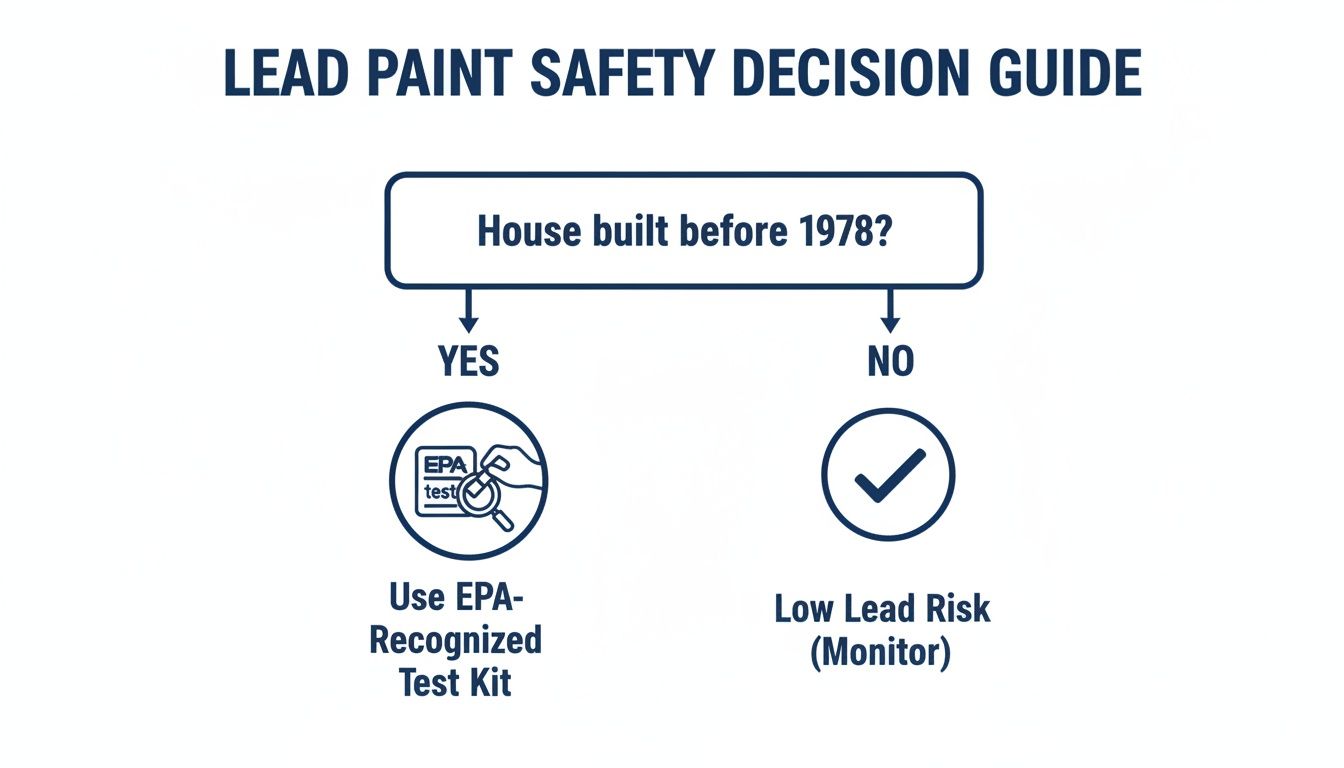 Flowchart guide on lead paint safety, determining risk based on house construction year and suggesting test kits.