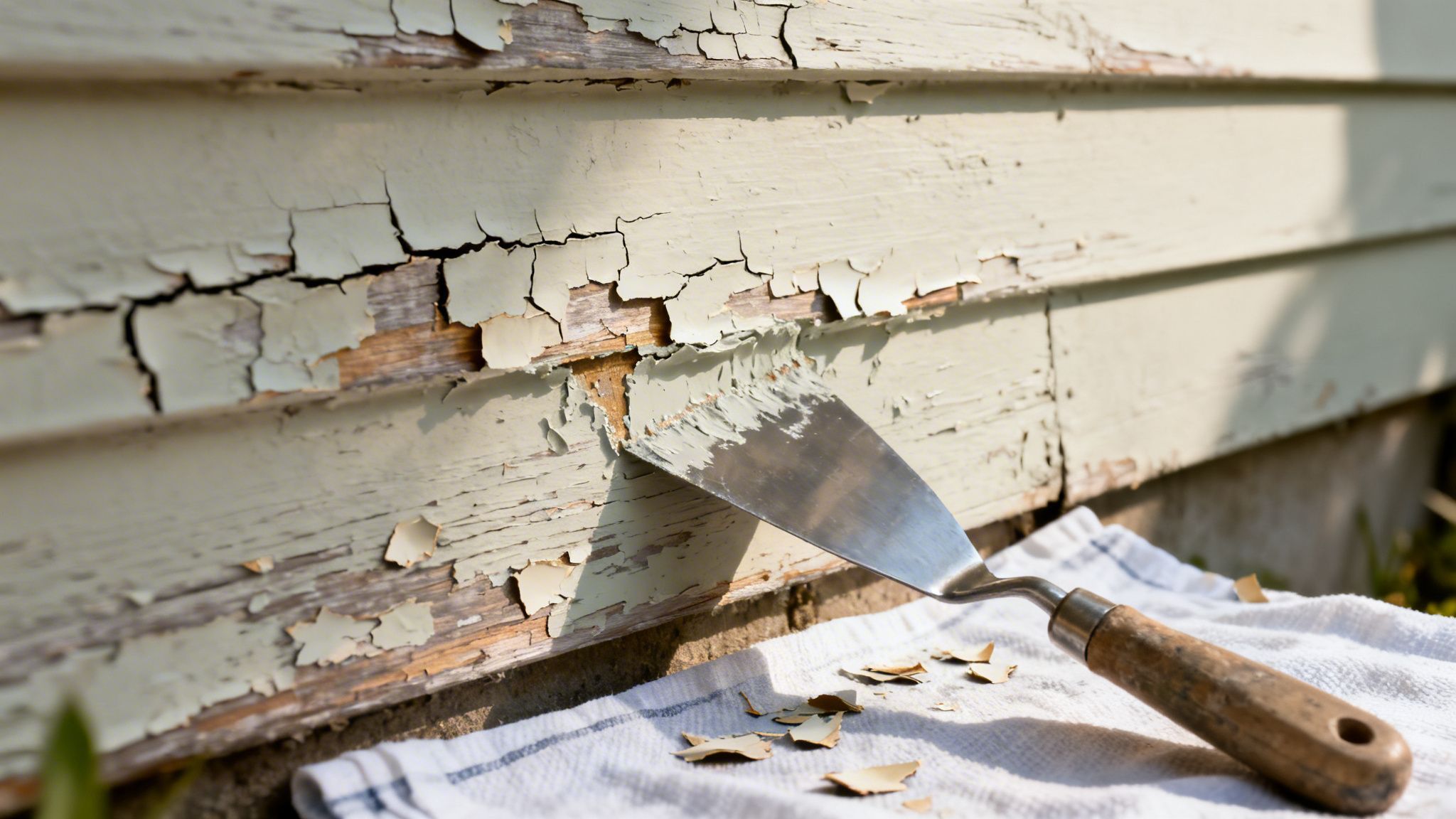 A metal scraper removes peeling light green paint from wooden house siding, with paint flakes on a towel.