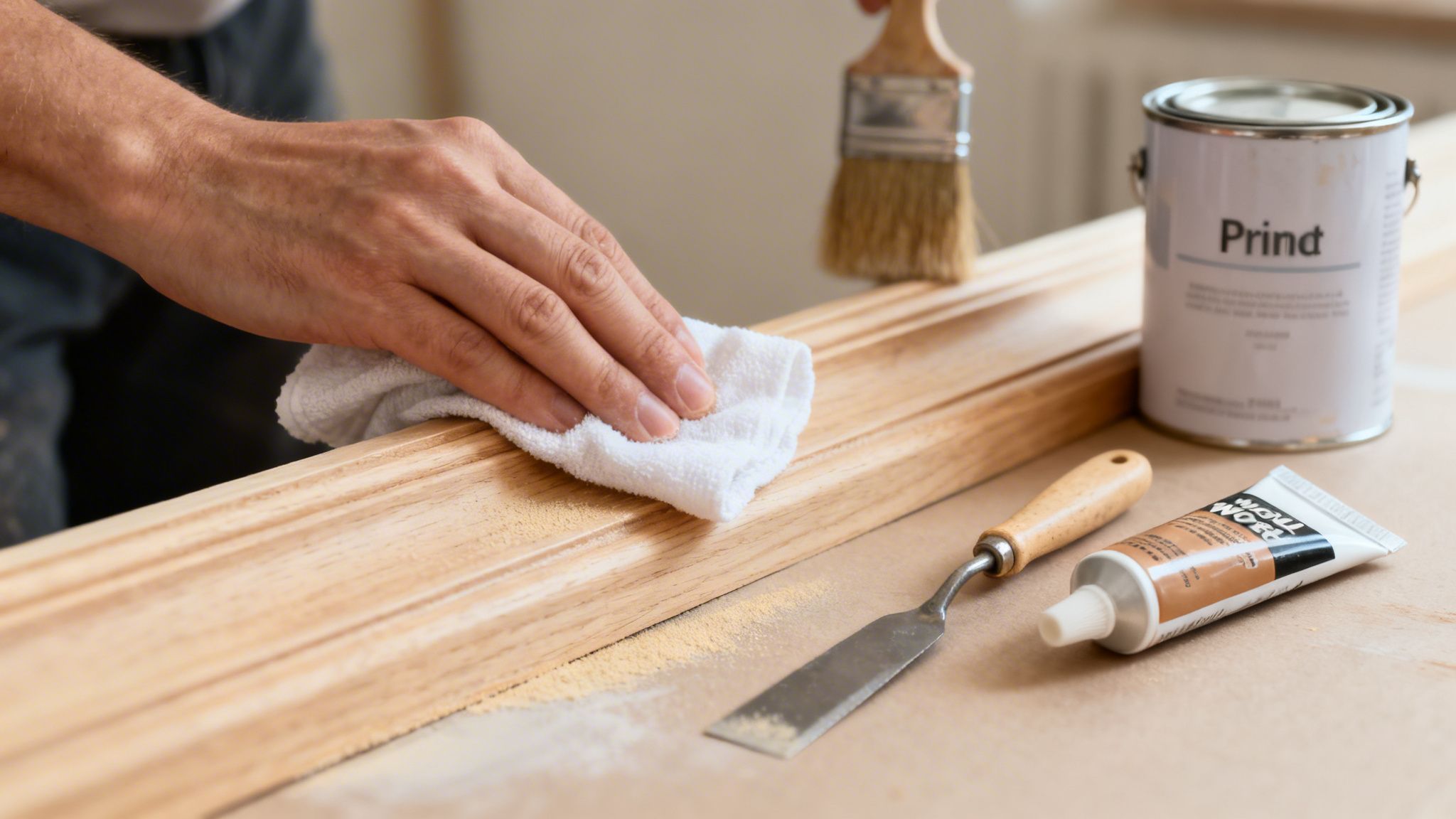 A person's hand wiping sawdust from a wooden trim with a cloth, preparing it for painting.