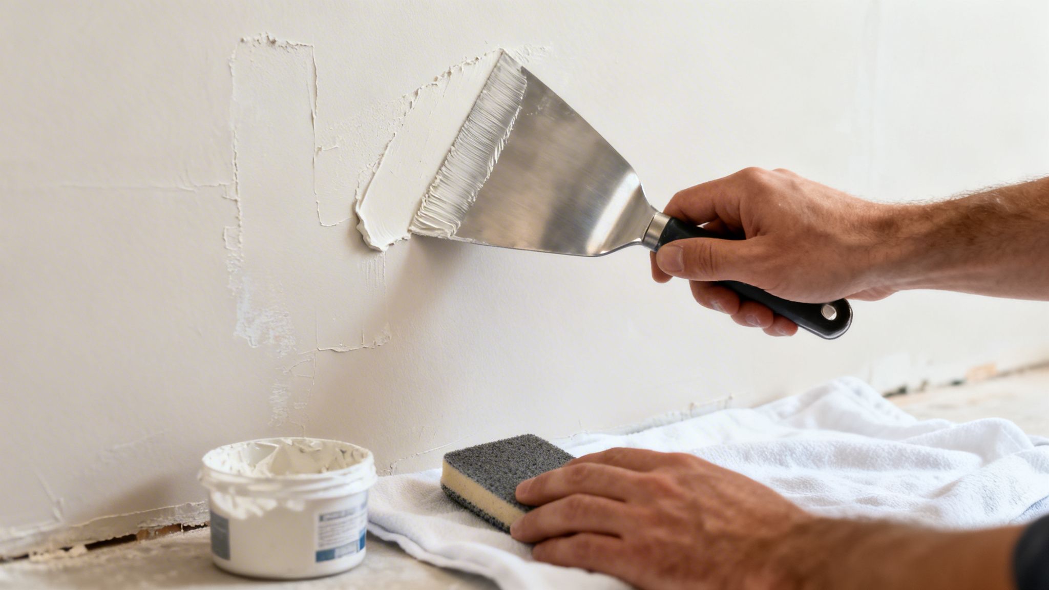 A worker uses a putty knife to spread white spackle on a damaged wall.
