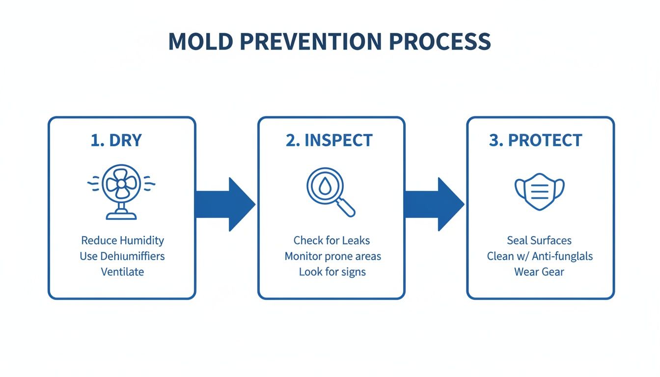 A flowchart illustrates a three-step mold prevention process: dry, inspect, and protect surfaces.