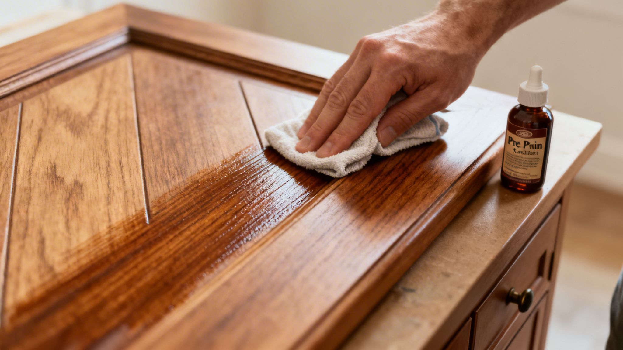 A hand applies wood conditioner or stain to a brown wooden cabinet door with a cloth.