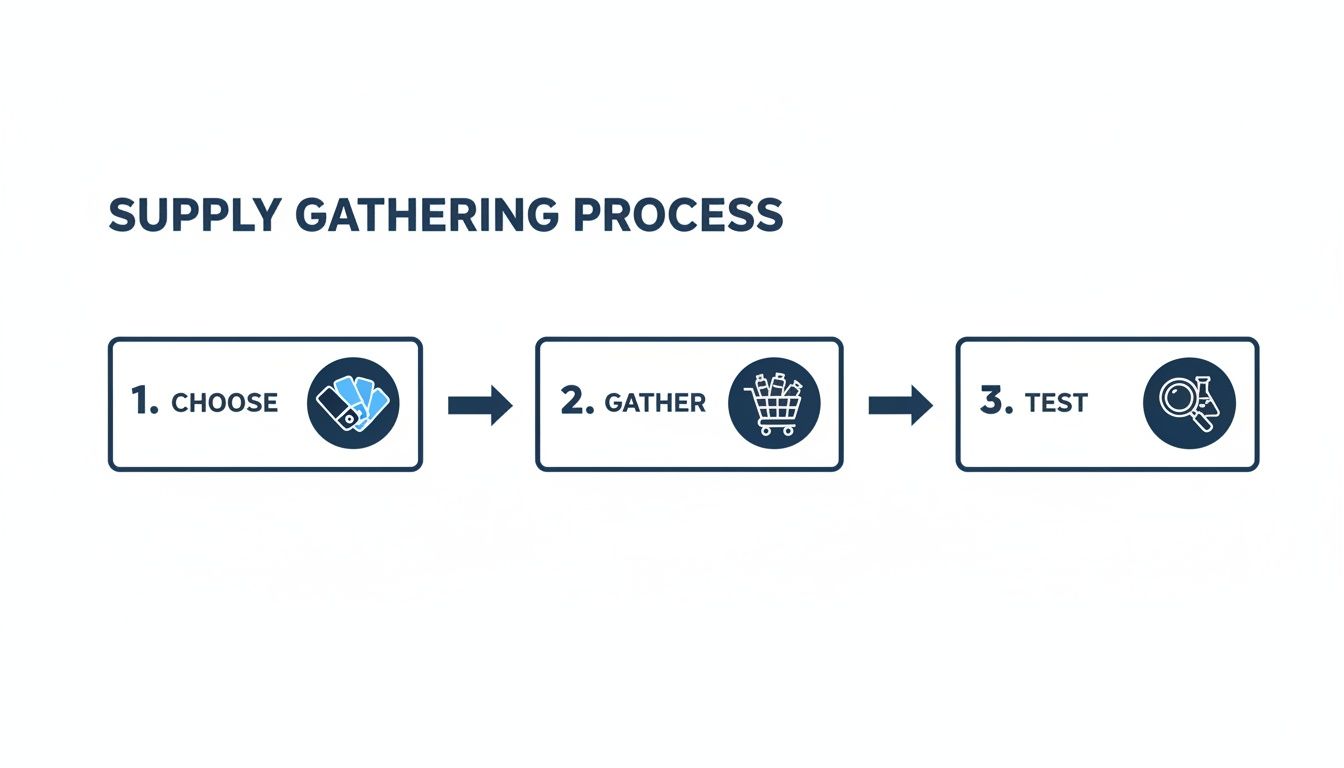 Process flow diagram showing three steps of supply gathering: Choose, Gather, and Test with corresponding icons.