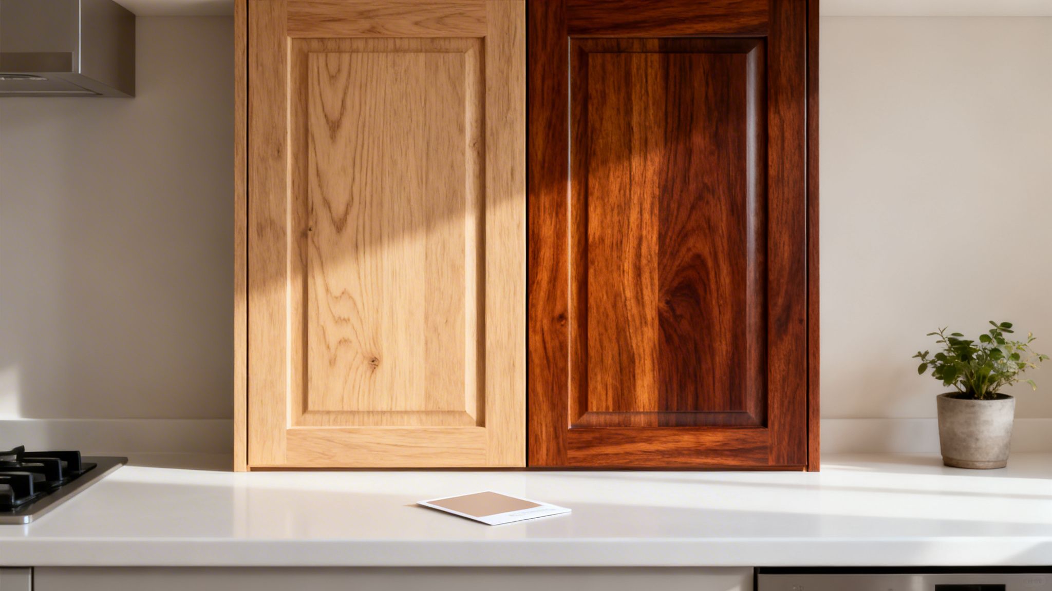 Two kitchen cabinet doors, one light natural wood and one dark stained wood, showing finish comparison.