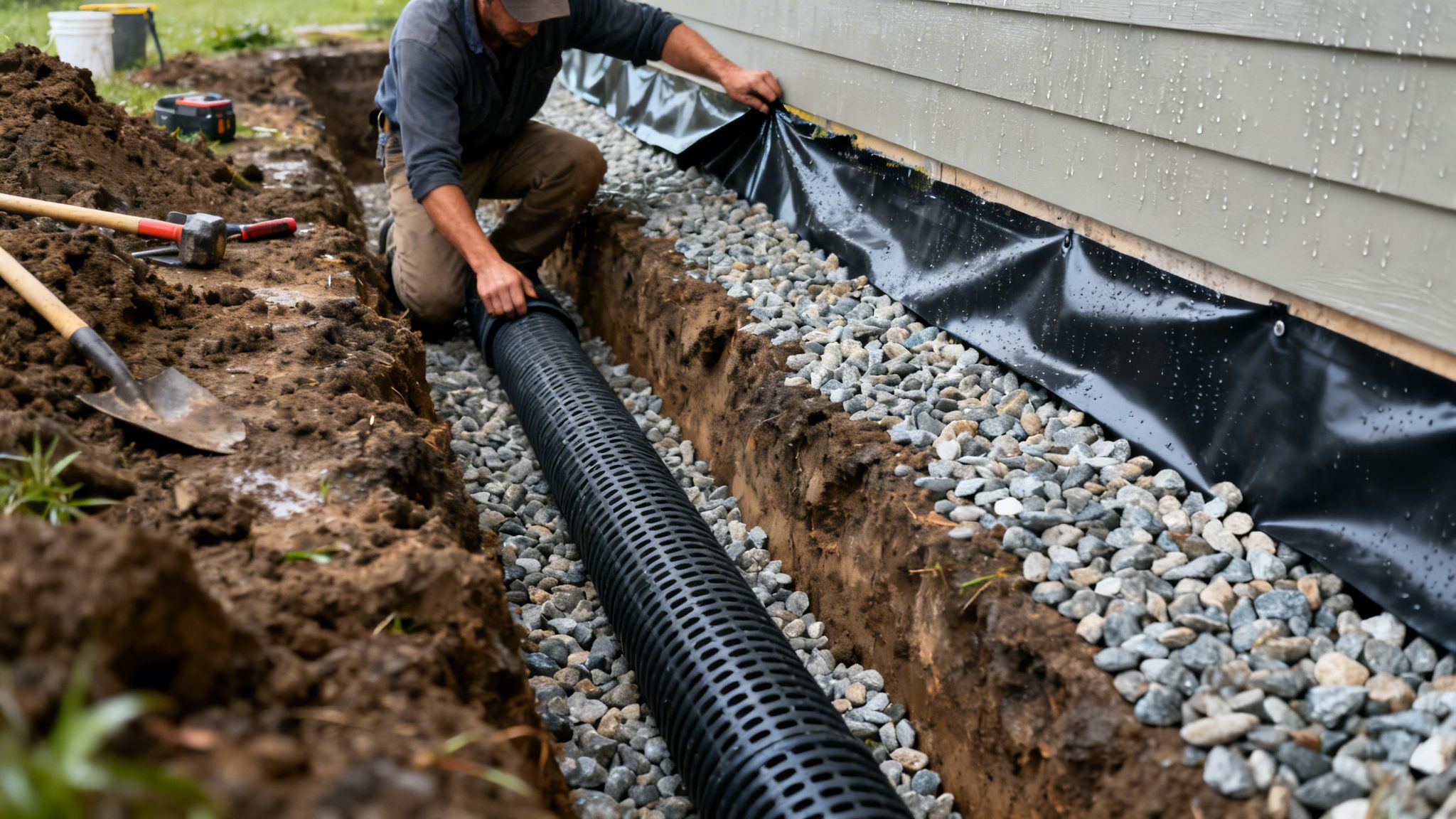 A person installs a black perforated French drain pipe in a gravel trench next to a house foundation.