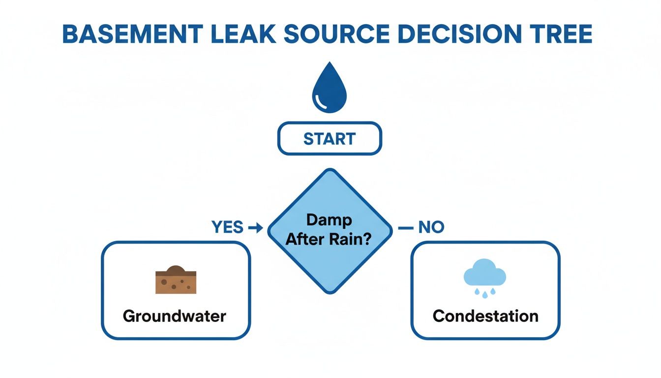 A decision tree flowchart identifying basement leak sources based on dampness after rain, leading to groundwater or condensation.