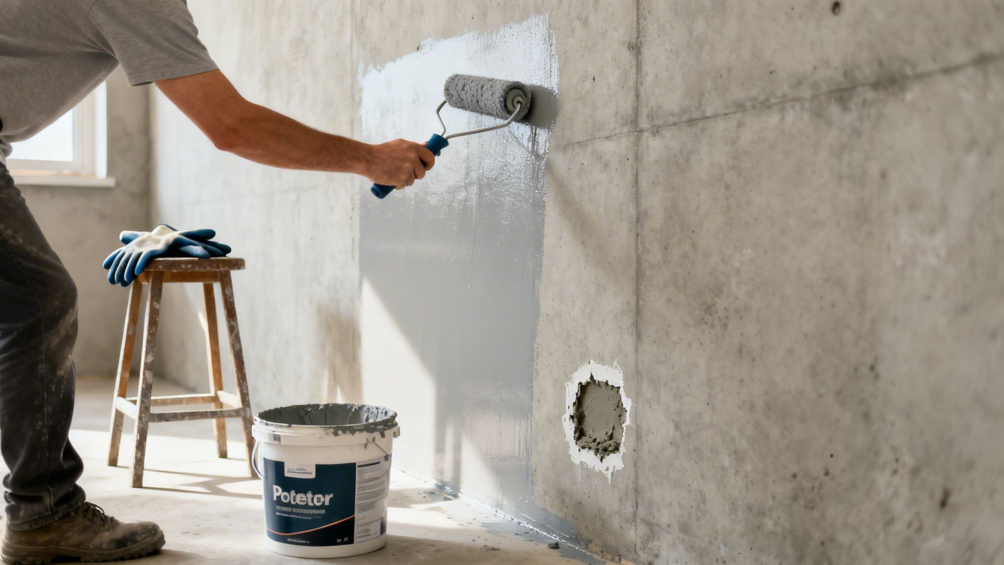 Person applies grey waterproofing coating to a concrete basement wall with a roller.