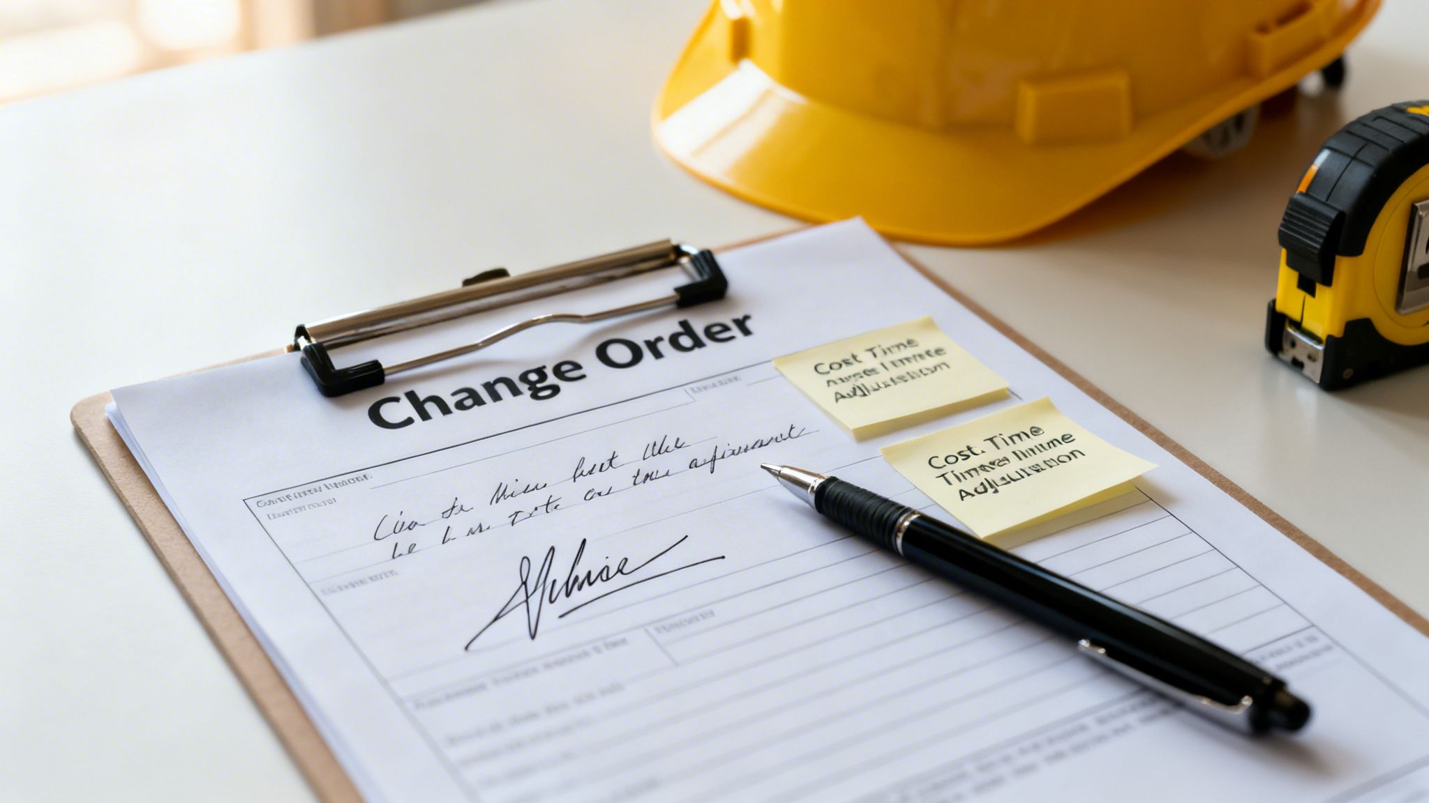 A Change Order document on a clipboard with a pen, sticky notes, a yellow hard hat, and a measuring tape.