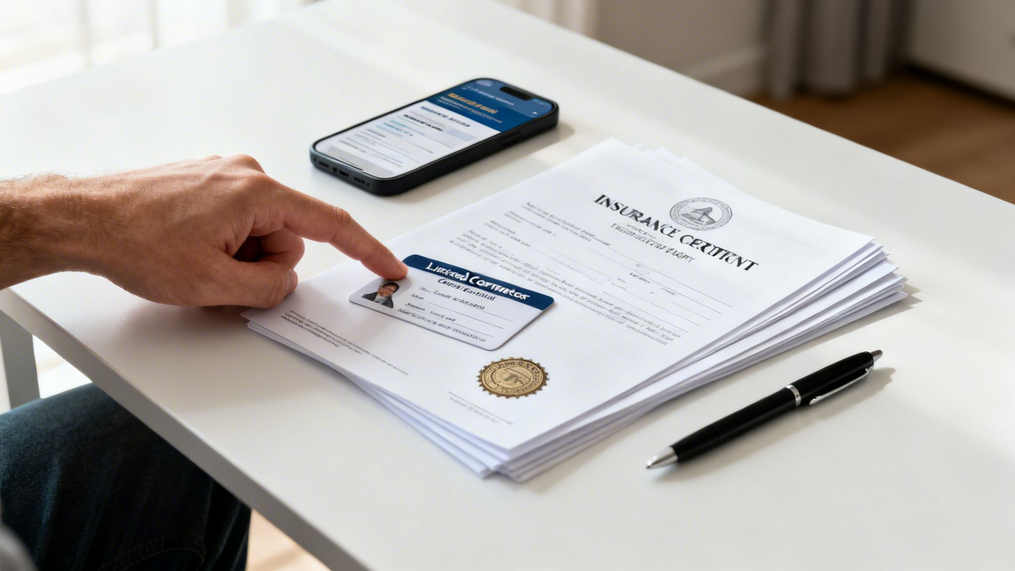 A hand points to a licensed contractor ID card, insurance certificates, and a phone on a white desk.