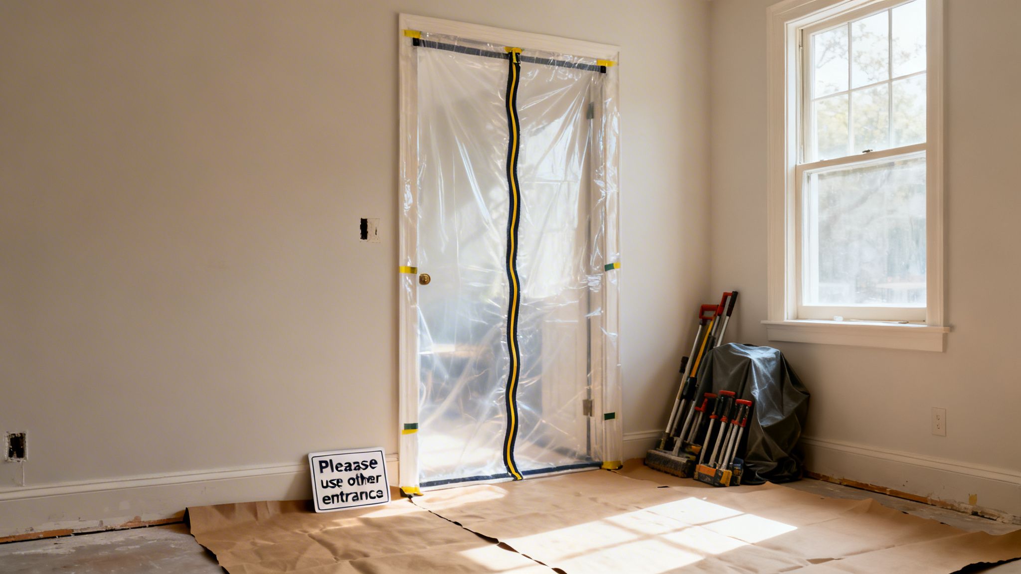 A room undergoing renovation with a plastic dust barrier over a doorway and construction tools.