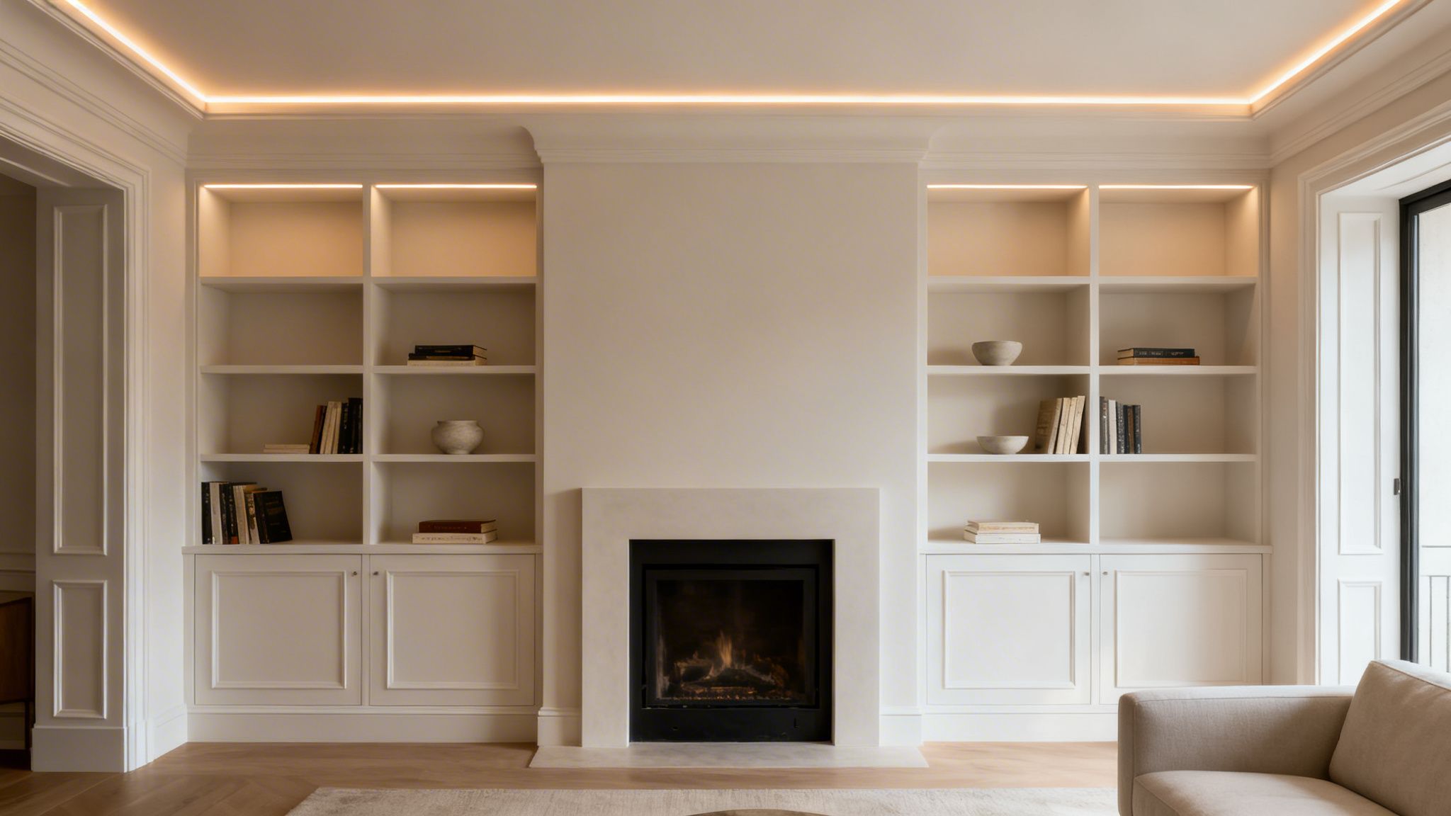 A chic living room featuring a fireplace flanked by built-in bookshelves with warm lighting.