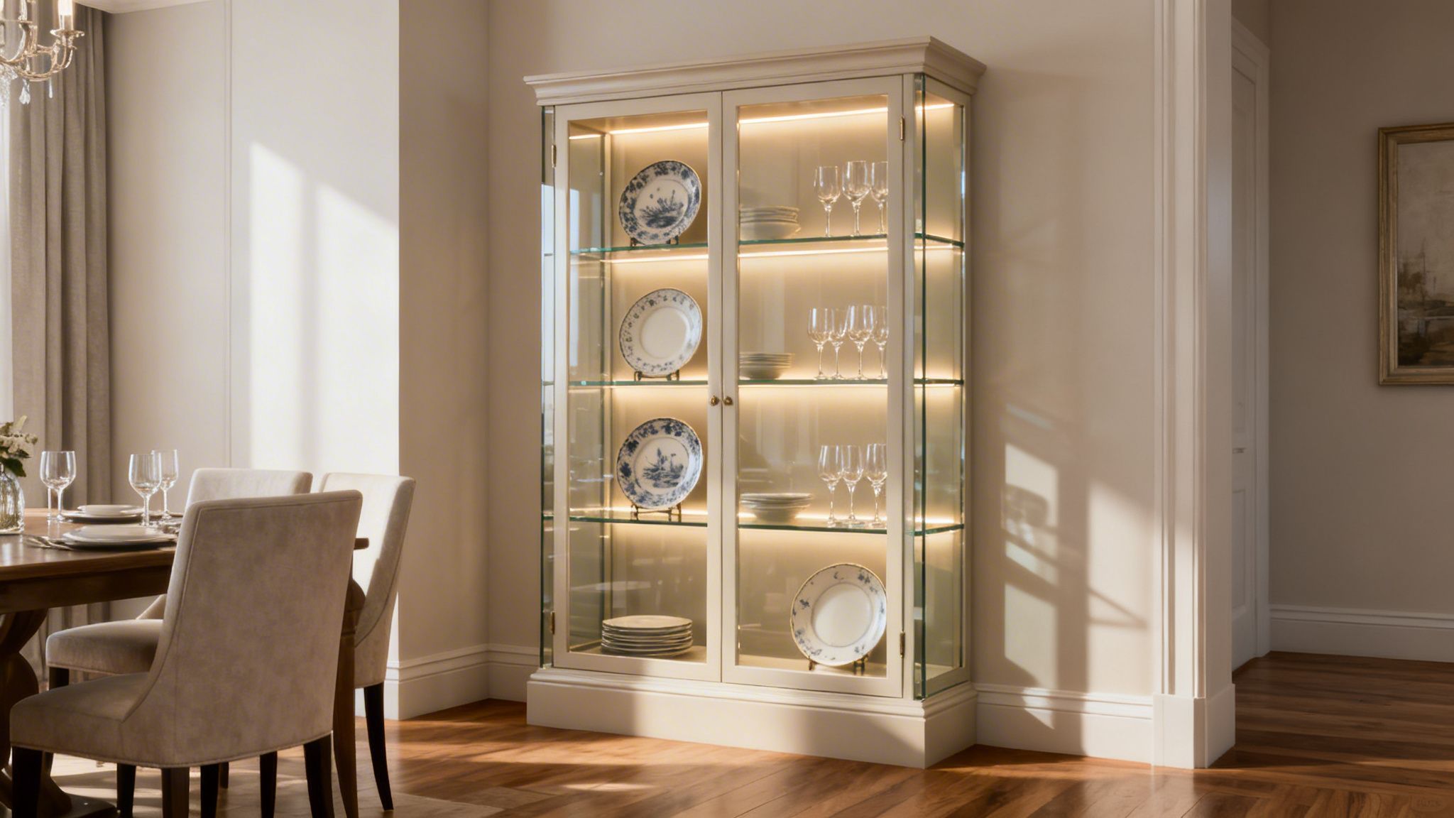 A well-lit cream display cabinet showcasing patterned plates and clear wine glasses in a dining room.