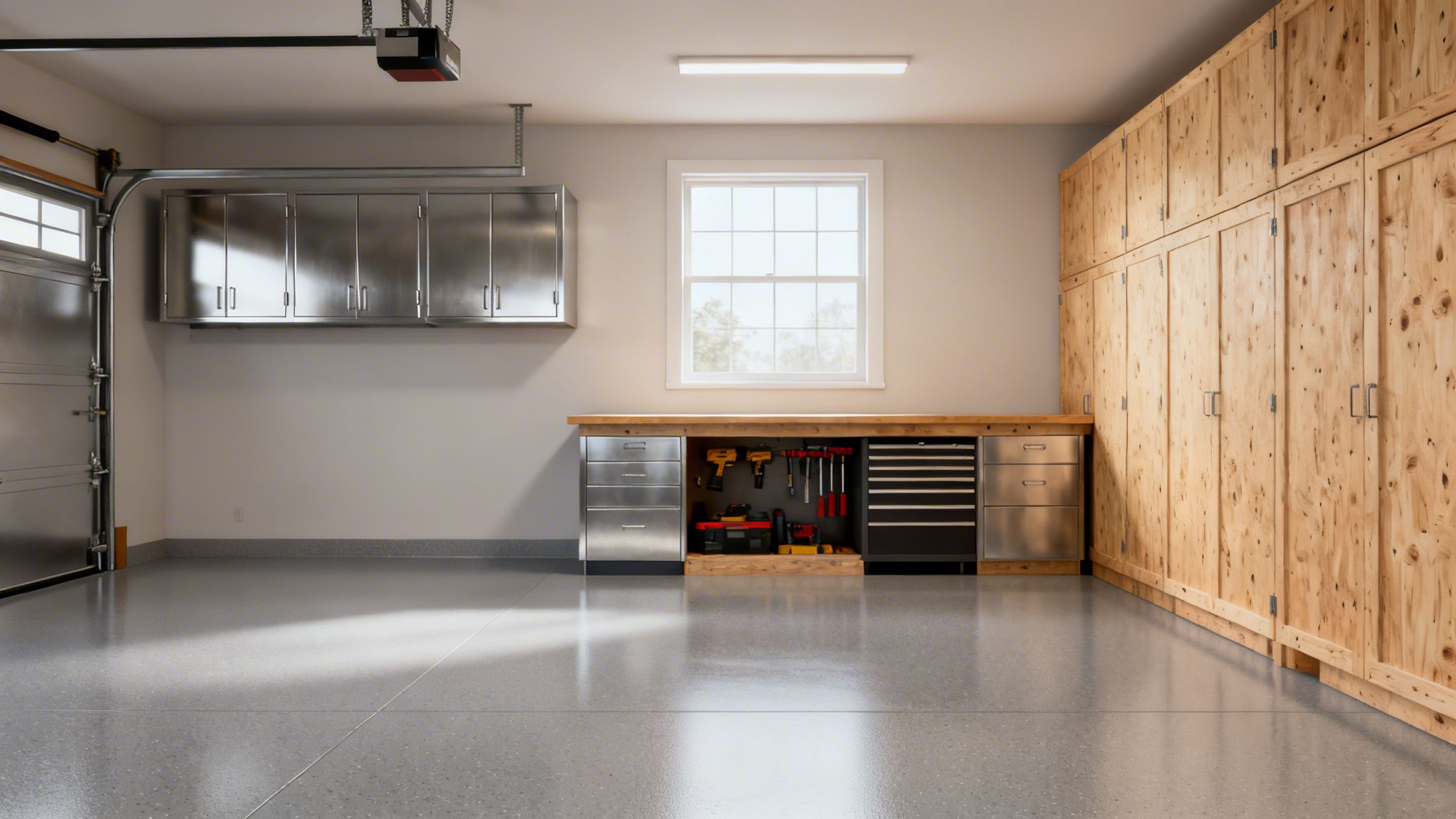 A clean, organized garage with stainless steel overhead cabinets, a workbench, and tall wooden storage units.