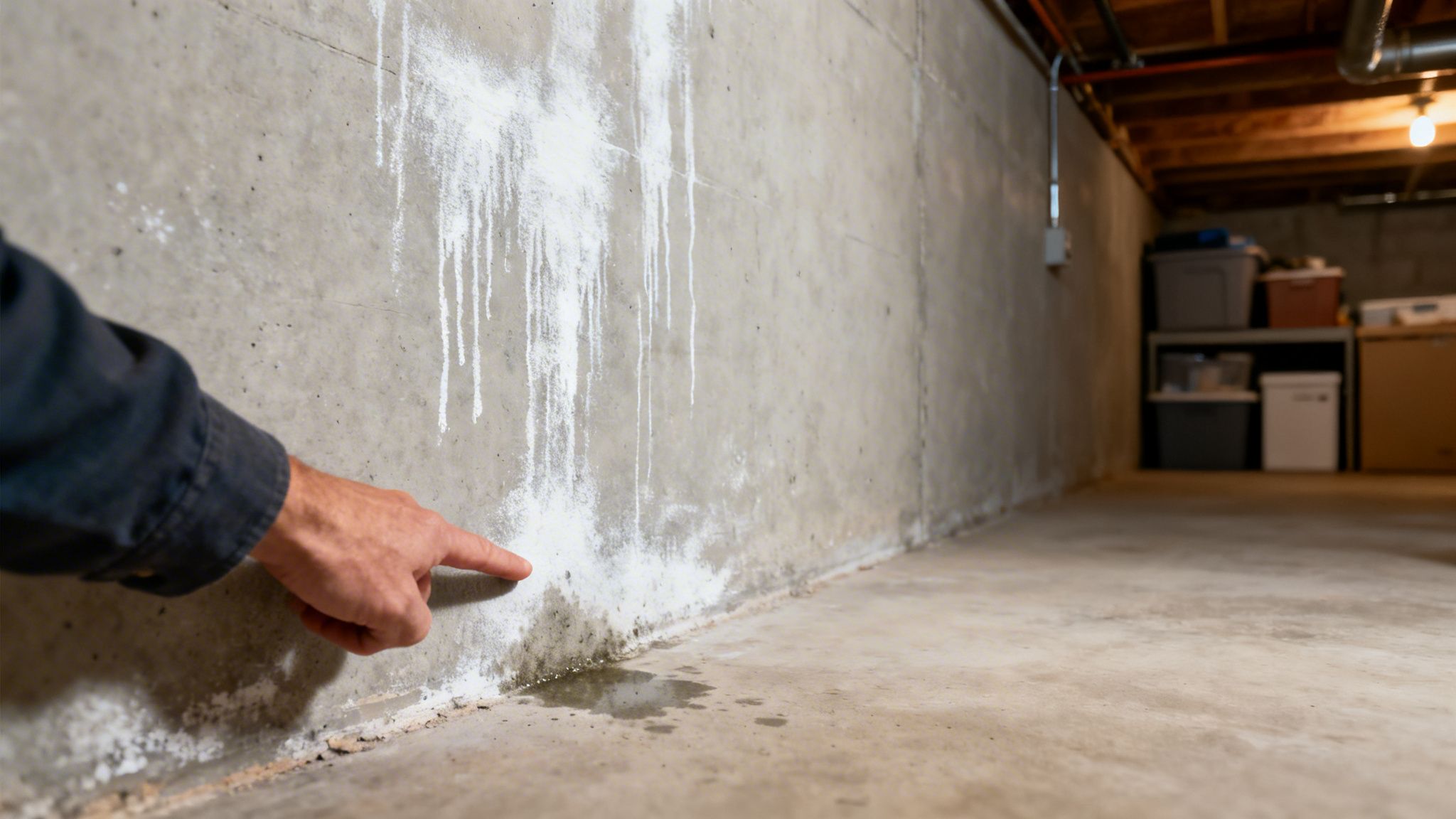 A hand points at a concrete basement wall showing efflorescence and a water puddle, indicating water damage.