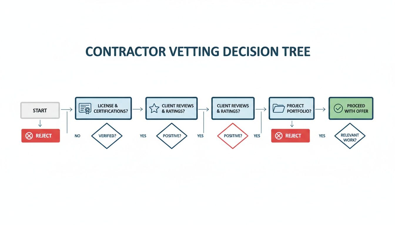 A flowchart detailing a contractor vetting decision tree with steps from start to offer or rejection.