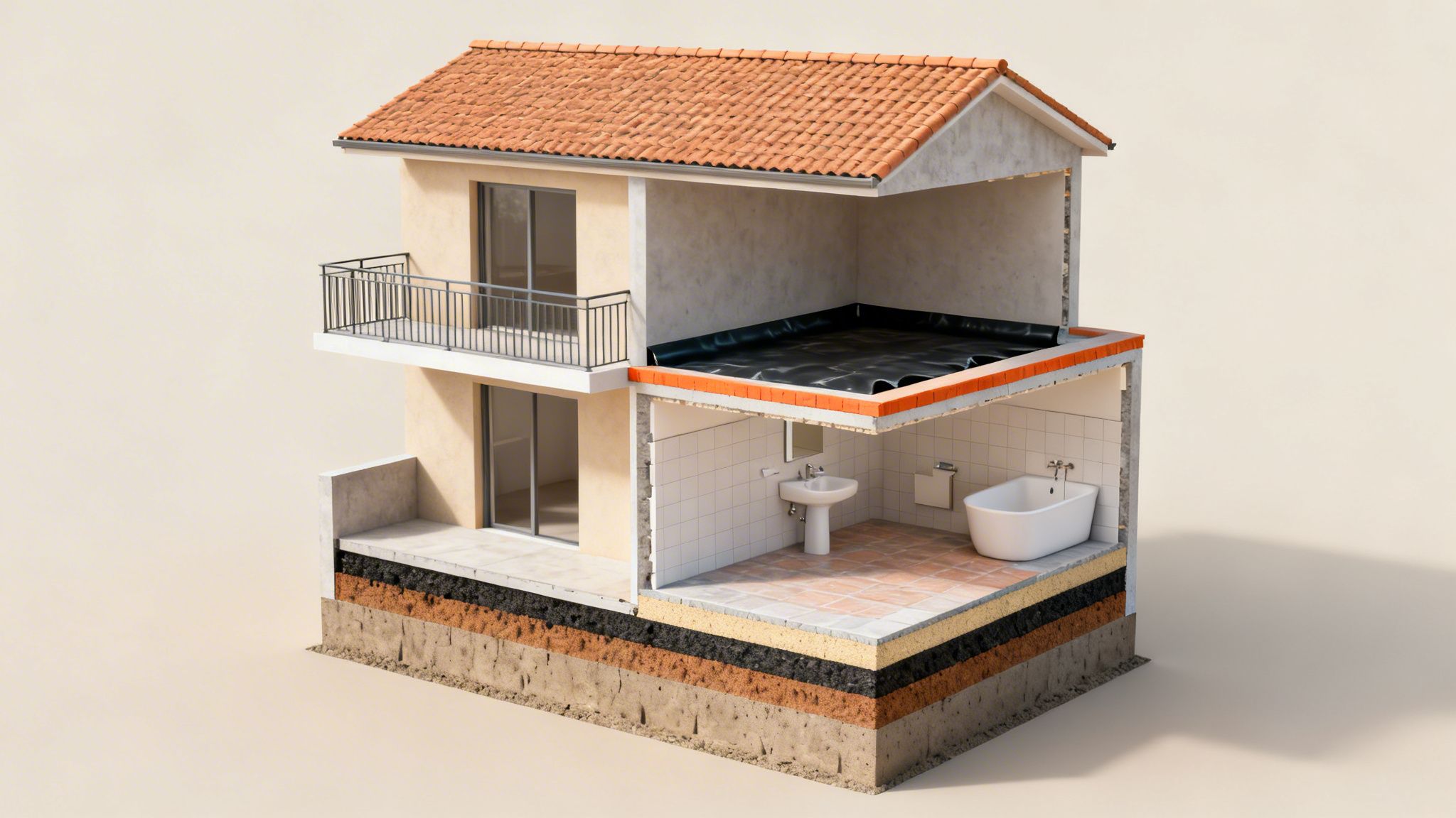 Detailed cross-section of a house showing various construction layers, including a bathroom, balcony, and roof structure with visible waterproofing.