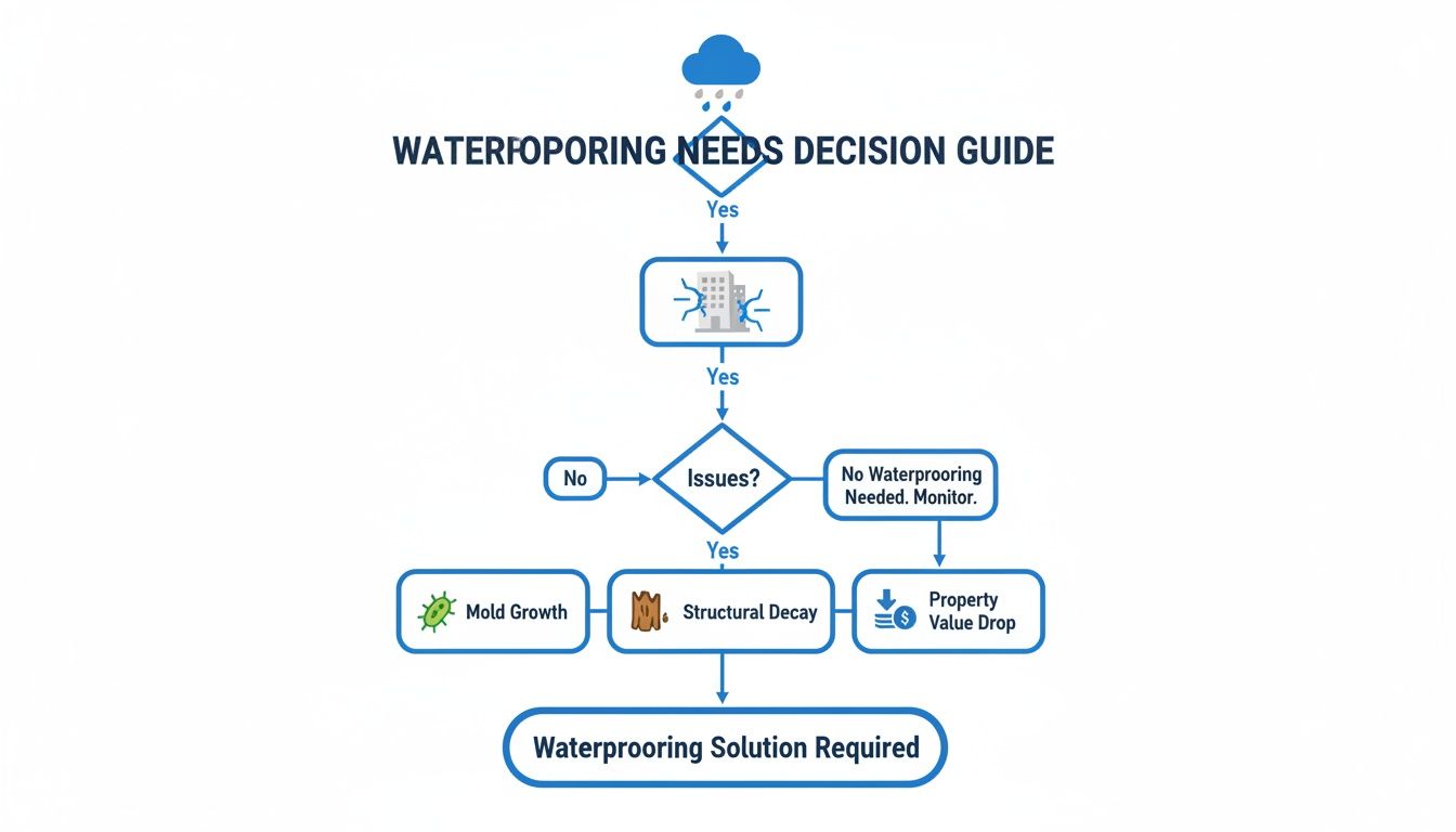 A flowchart guiding waterproofing needs decision, showing issues like mold, structural decay, and property value drop.