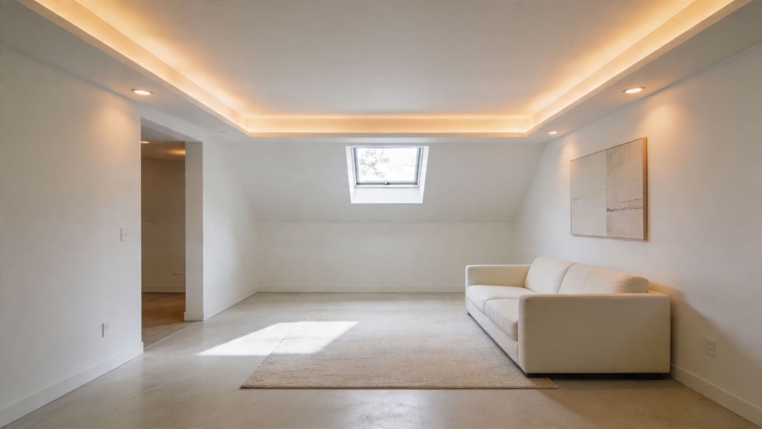 A modern minimalist basement living room featuring white walls, a beige sofa, and recessed tray ceiling lighting.