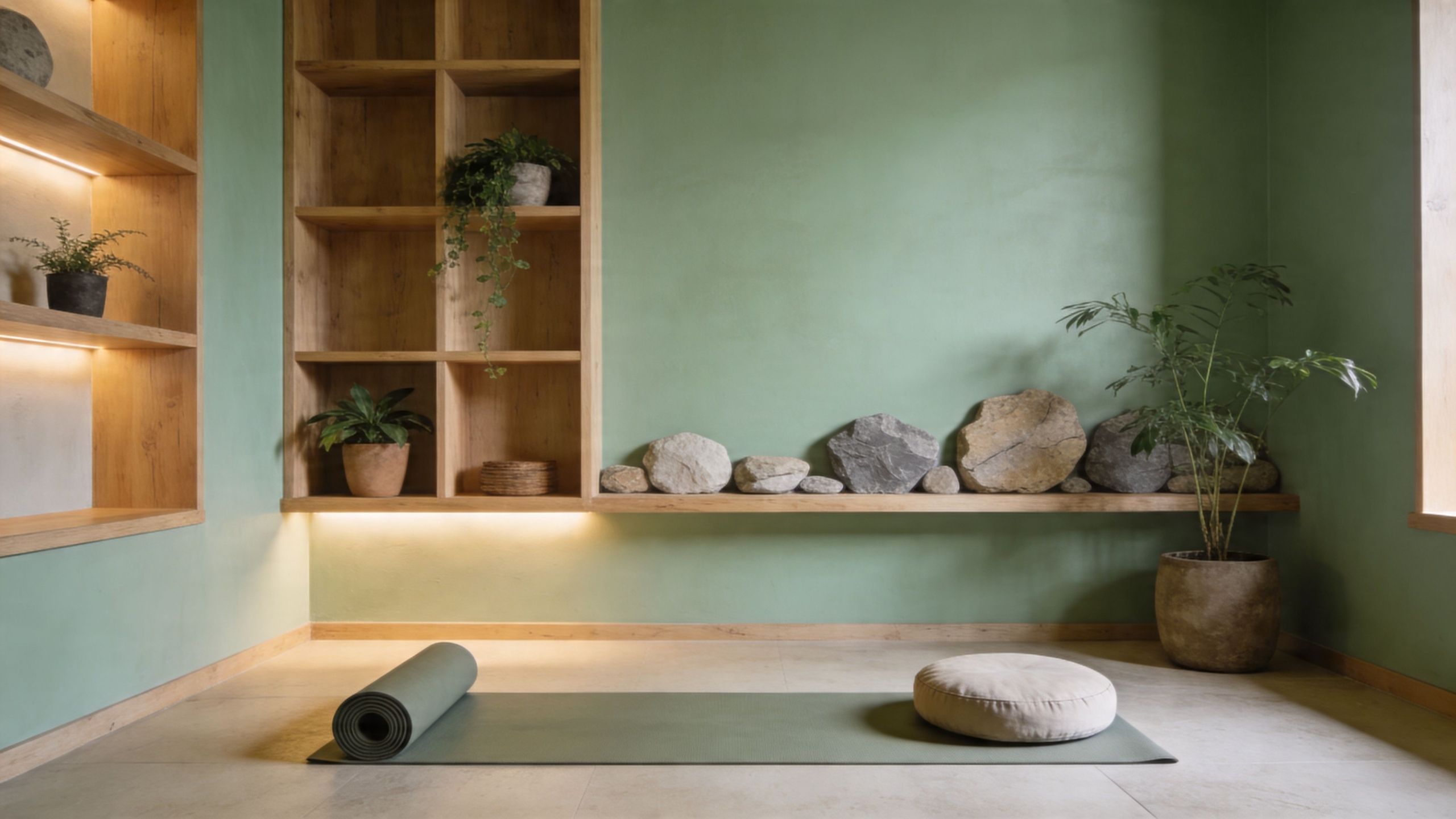 A serene yoga studio with green walls, wooden shelving, floor mat, and natural stone decor elements.