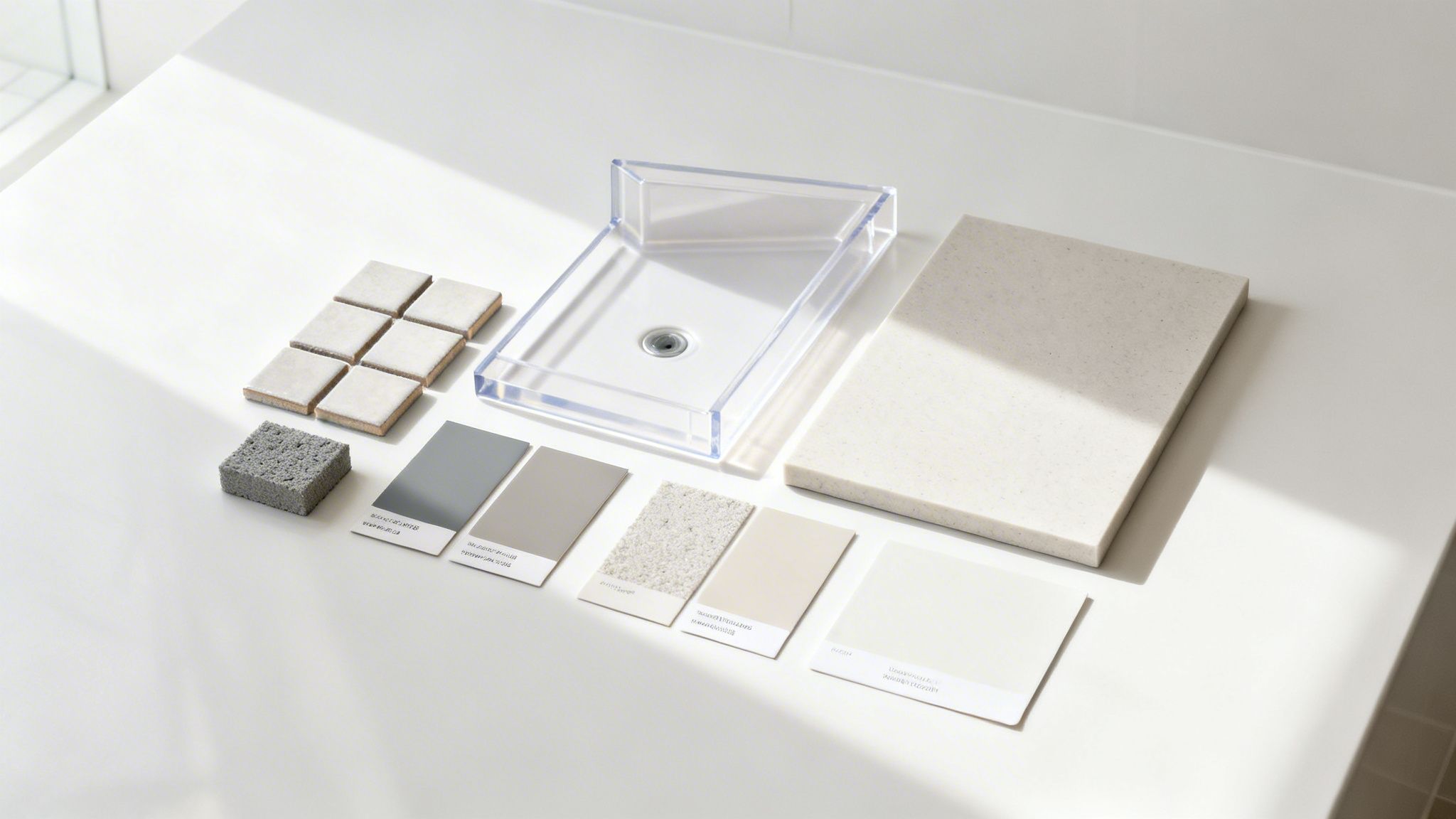 Various bathroom design samples, including tiles, color swatches, and a clear shower pan model.