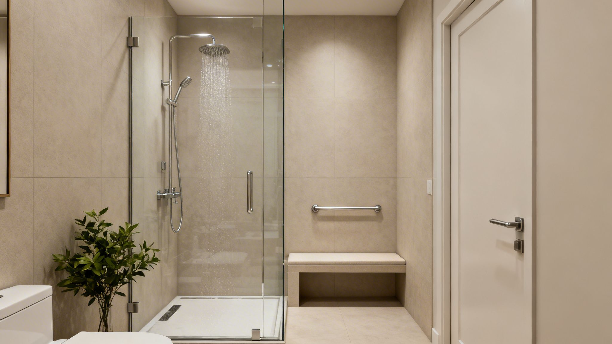 A clean, modern bathroom with a walk-in shower, a built-in bench, a grab bar, and a plant.
