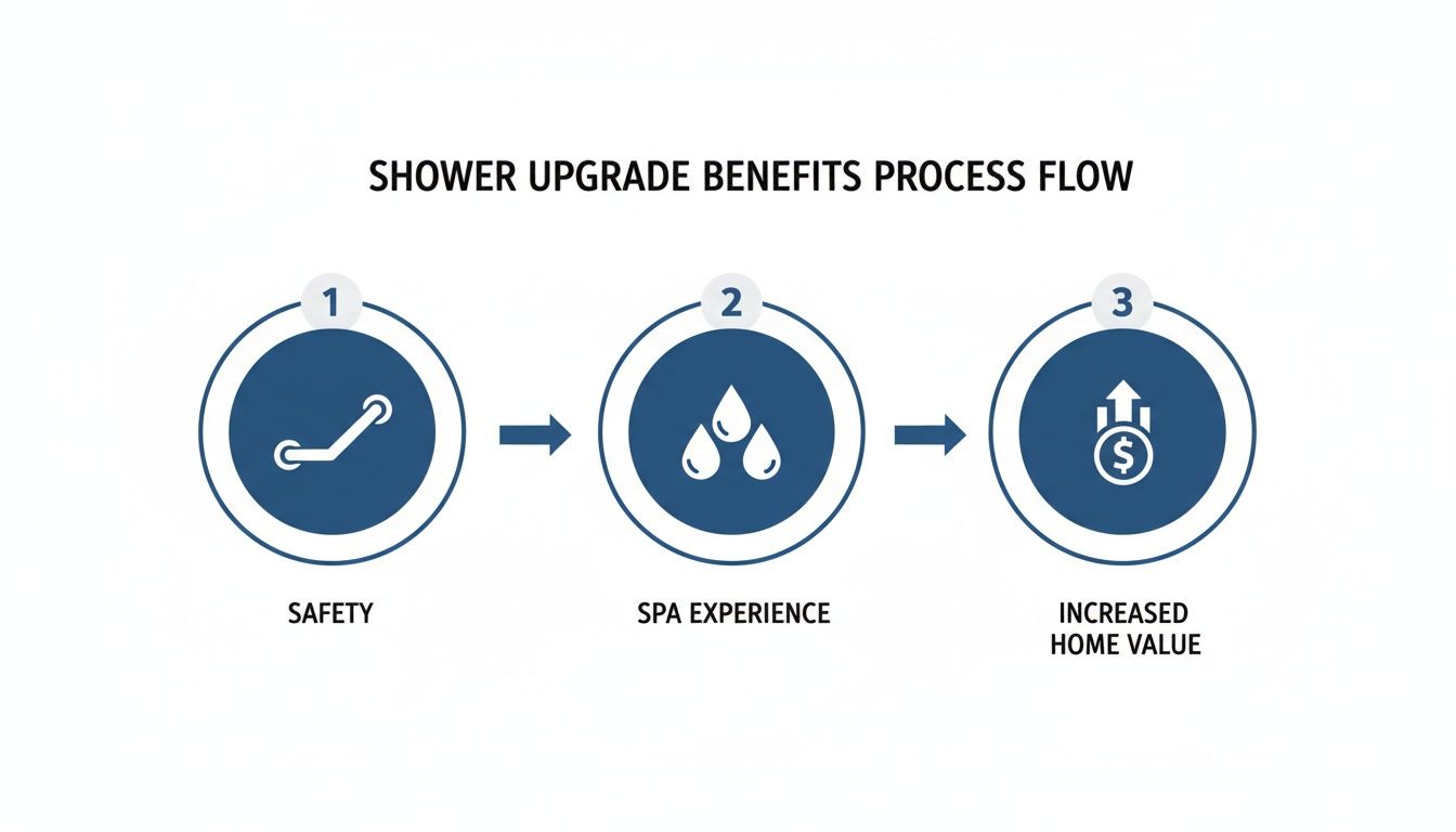 A process flow diagram illustrating three benefits of a shower upgrade: safety, spa experience, and increased home value.