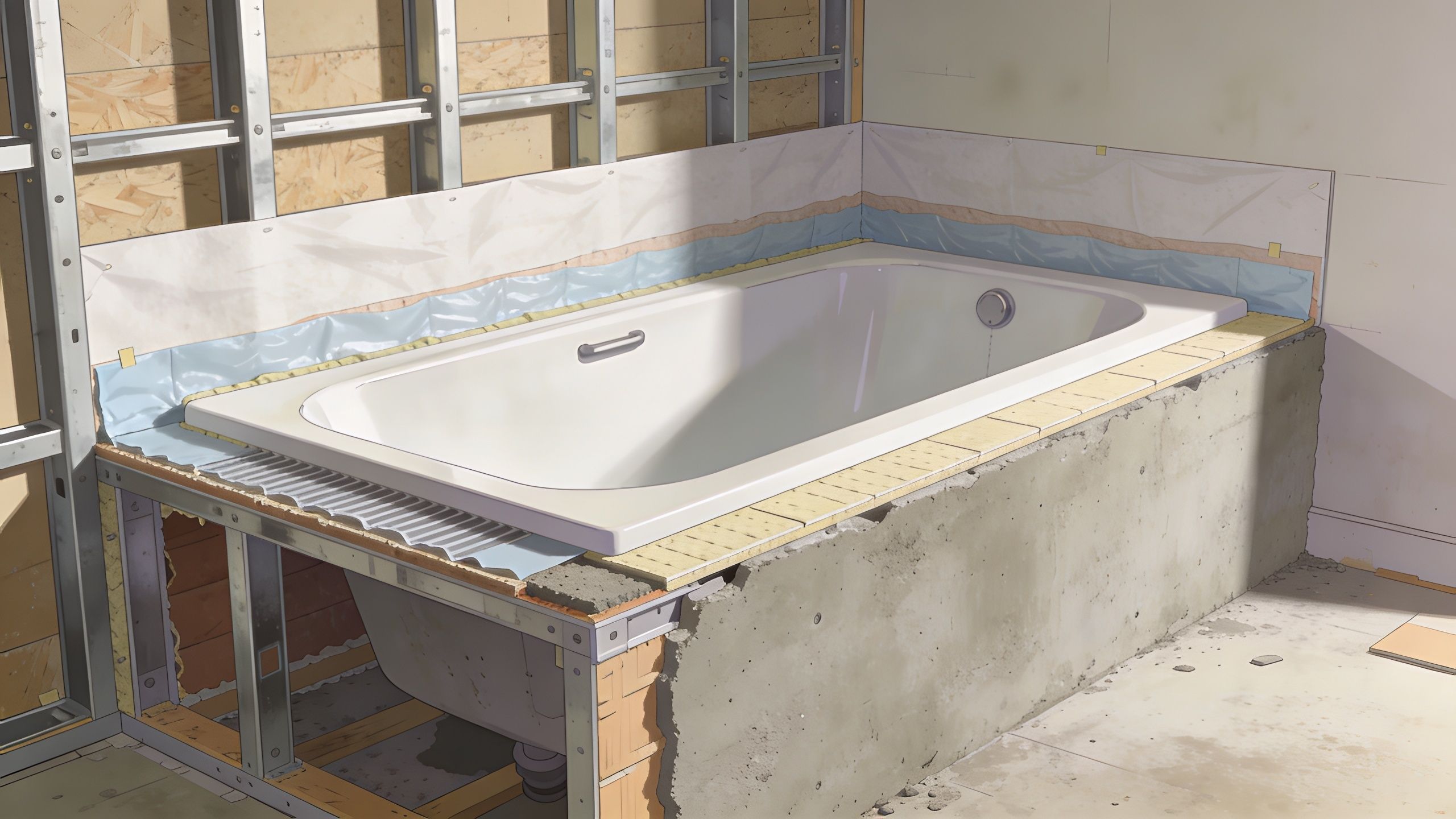 A bathtub during the installation process showing framing and concrete support wall in a bathroom renovation.