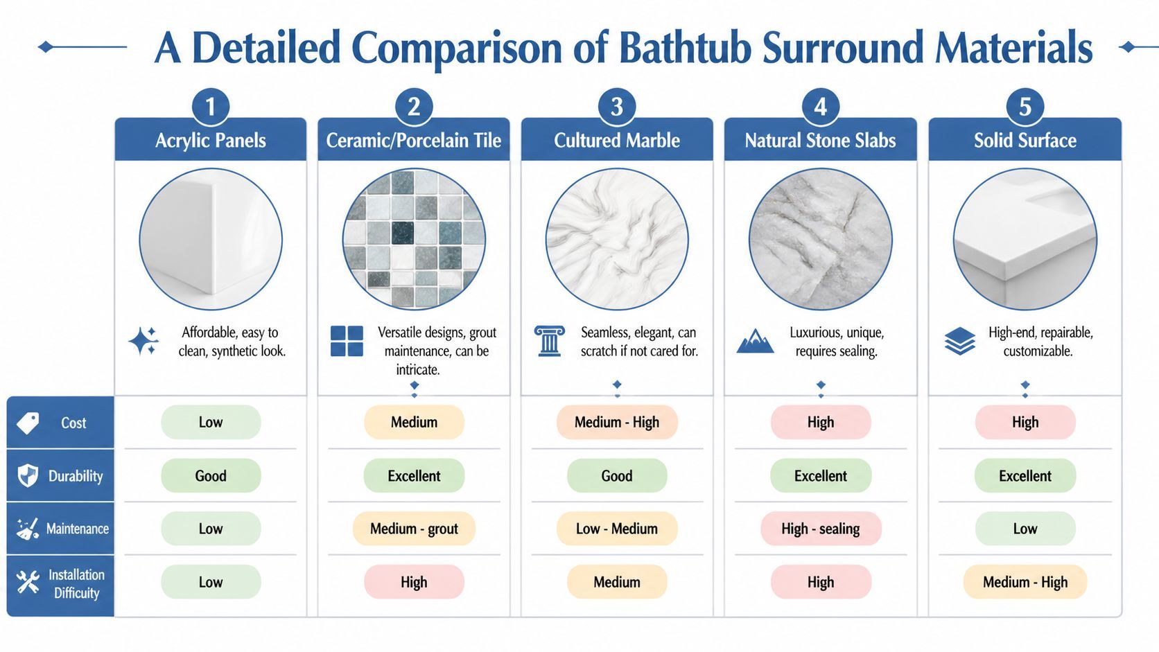 A comparison chart outlining the pros, cons, costs, and durability of five popular bathtub surround materials.