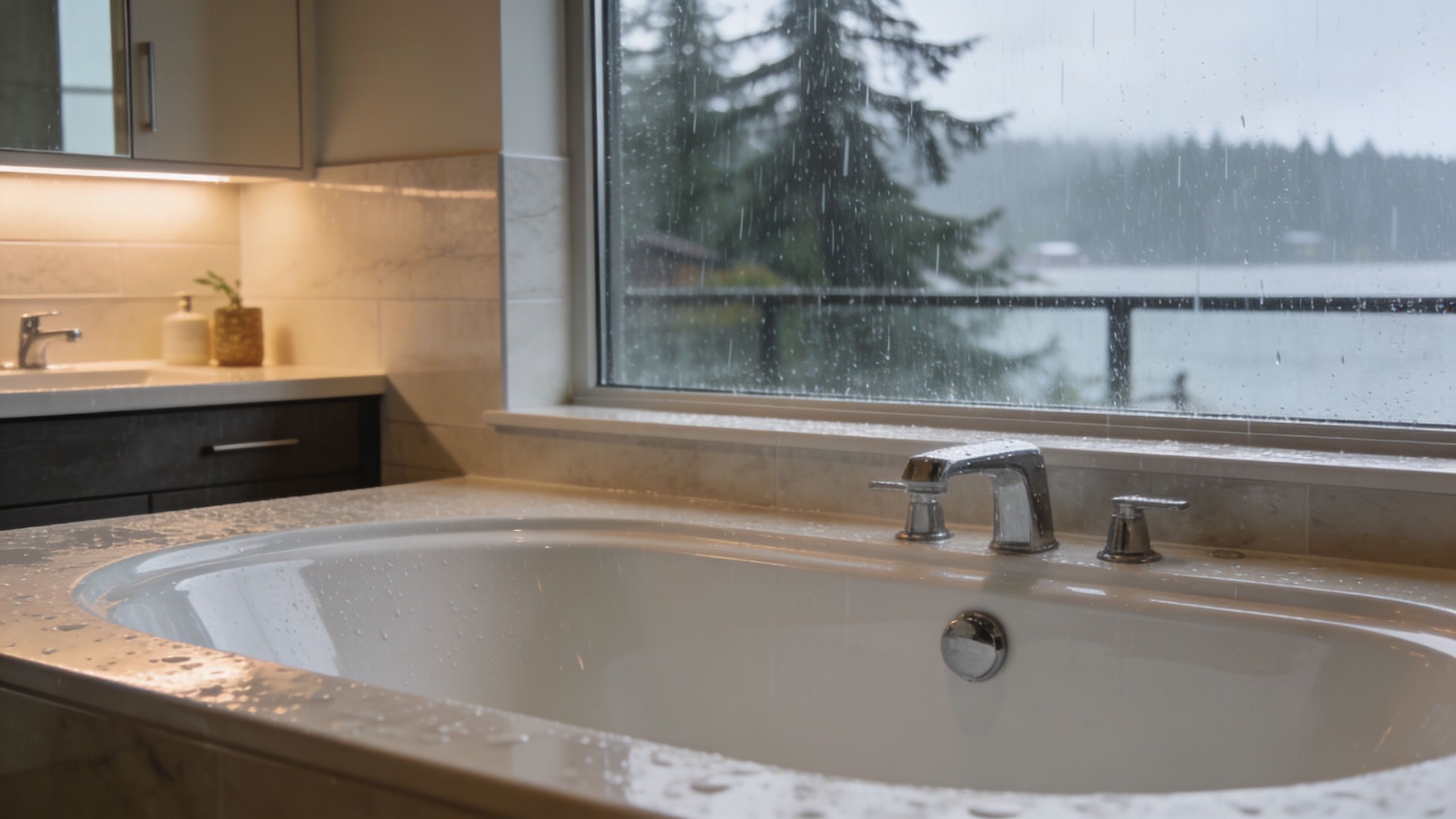 A modern bathtub surrounded by white marble with a view of a rainy forest and lake outside.